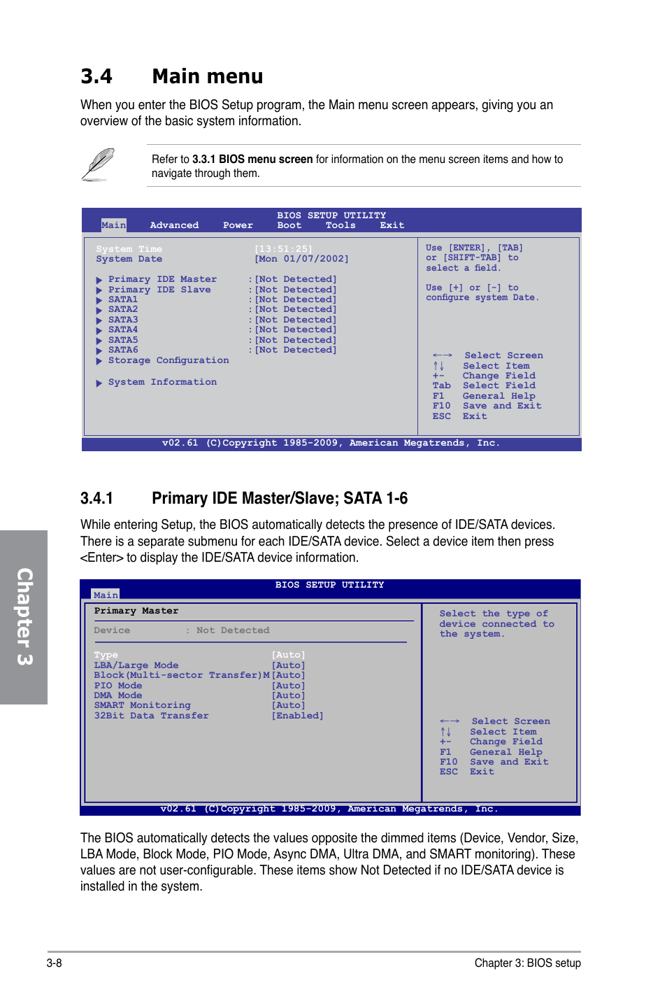 4 main menu, 1 primary ide master/slave; sata 1-6, Main menu -8 3.4.1 | Primary ide master/slave; sata 1-6 -8, Chapter 3 | Asus M4A79XTD EVO/USB3 User Manual | Page 64 / 112