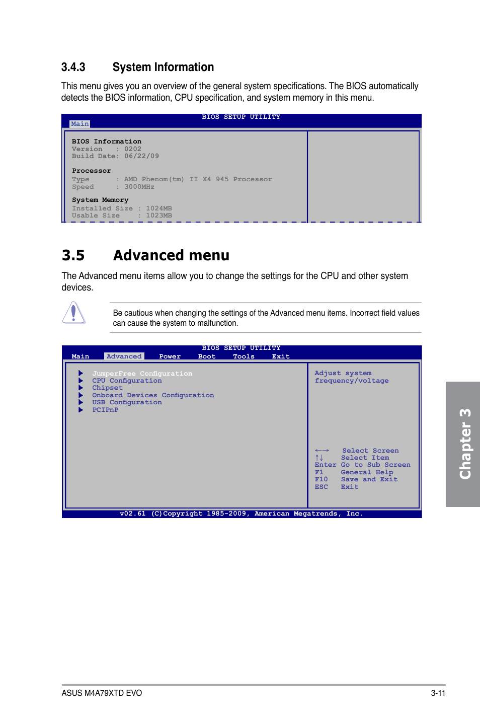 3 system information, 5 advanced menu, System information -11 | Advanced menu -11, Chapter 3 | Asus M4A79XTD EVO/USB3 User Manual | Page 67 / 112