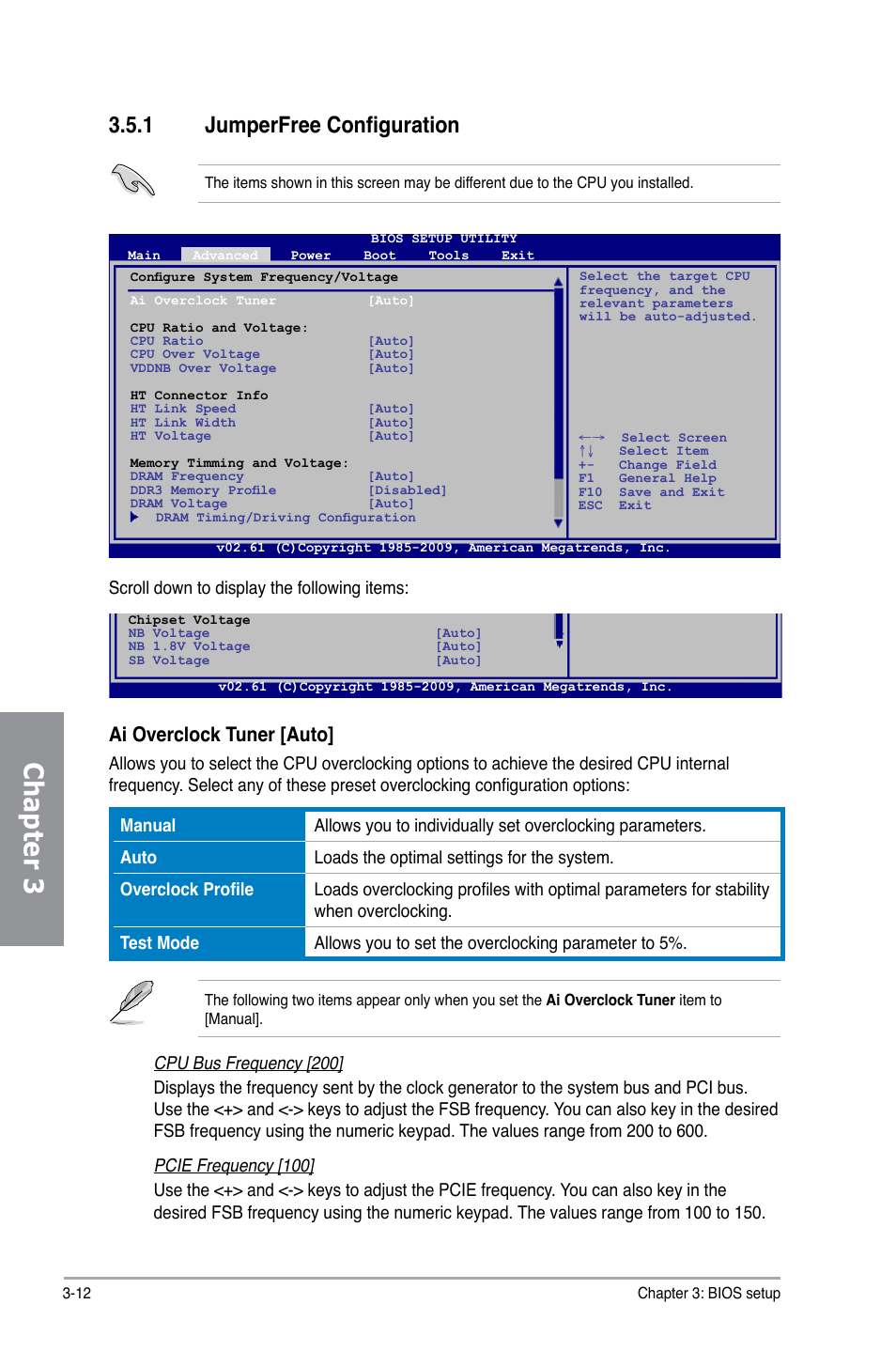 1 jumperfree configuration, Jumperfree configuration -12, Chapter 3 | Ai overclock tuner [auto, Scroll down to display the following items | Asus M4A79XTD EVO/USB3 User Manual | Page 68 / 112