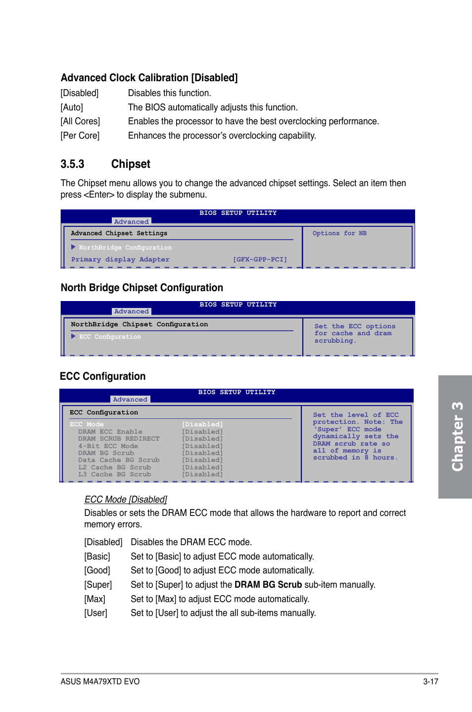 3 chipset, Chipset -17, Chapter 3 | Advanced clock calibration [disabled, North bridge chipset configuration, Ecc configuration | Asus M4A79XTD EVO/USB3 User Manual | Page 73 / 112