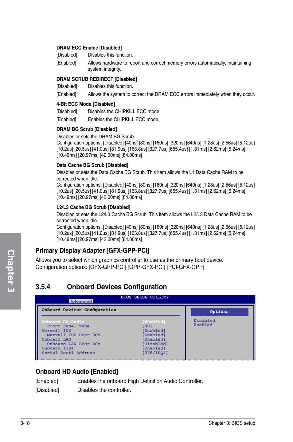 4 onboard devices configuration, Onboard devices configuration -18, Chapter 3 | Primary display adapter [gfx-gpp-pci, Onboard hd audio [enabled | Asus M4A79XTD EVO/USB3 User Manual | Page 74 / 112