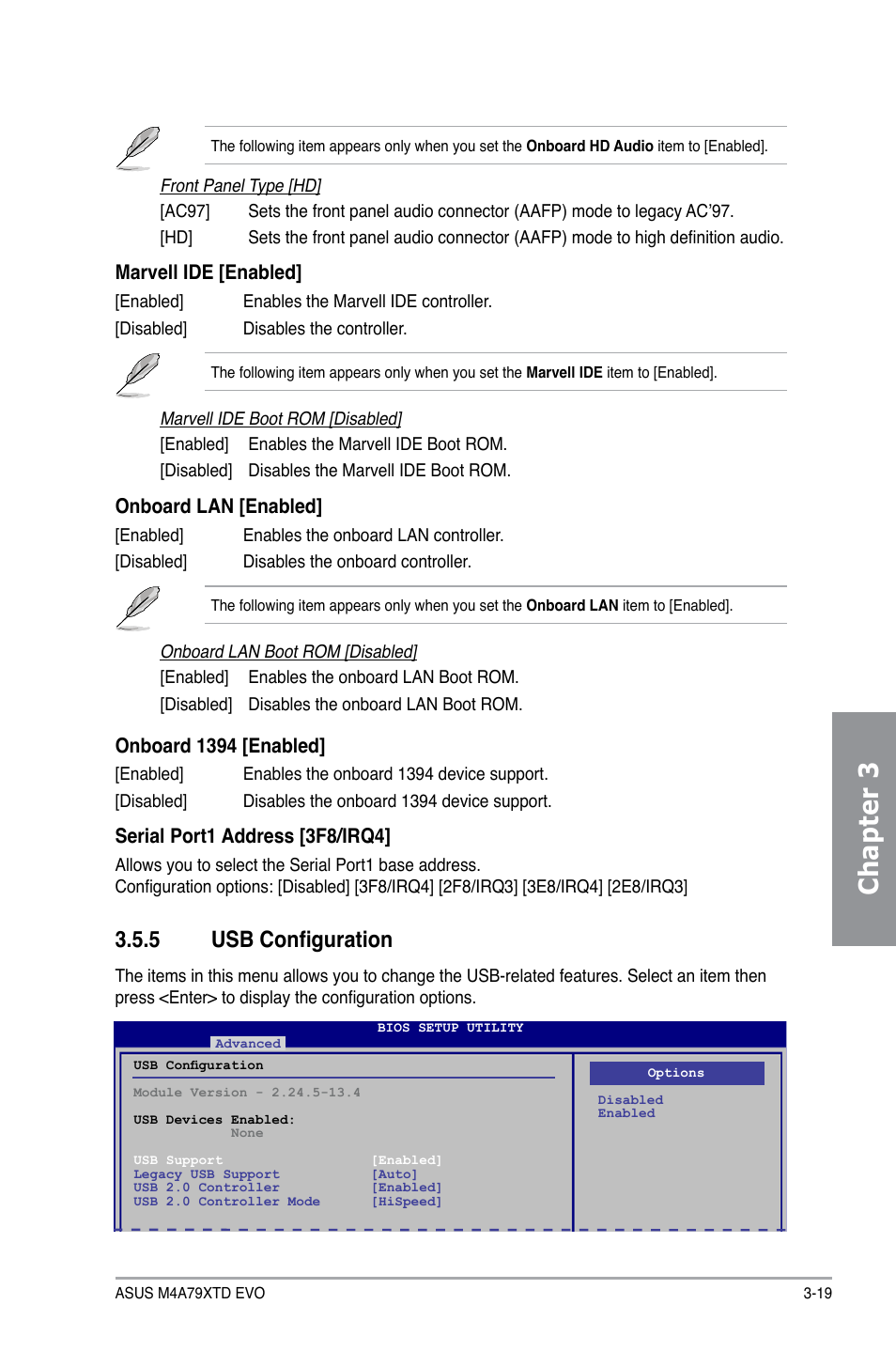 5 usb configuration, Usb configuration -19, Chapter 3 | Marvell ide [enabled, Onboard lan [enabled, Onboard 1394 [enabled, Serial port1 address [3f8/irq4 | Asus M4A79XTD EVO/USB3 User Manual | Page 75 / 112