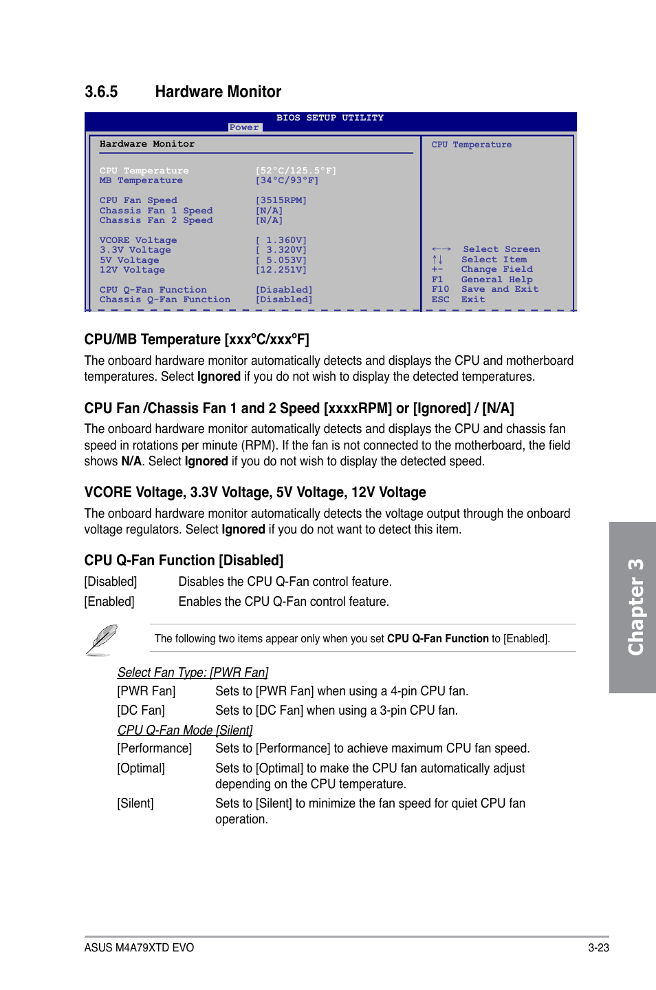 5 hardware monitor, Hardware monitor -23, Chapter 3 | Cpu/mb temperature [xxxºc/xxxºf, Cpu q-fan function [disabled | Asus M4A79XTD EVO/USB3 User Manual | Page 79 / 112