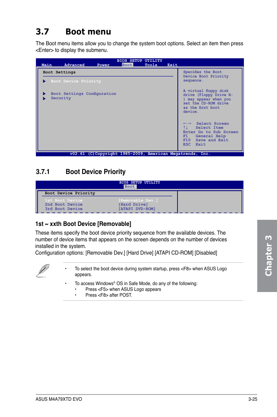 7 boot menu, 1 boot device priority, Boot menu -25 3.7.1 | Boot device priority -25, Chapter 3 3.7 boot menu, 1st ~ xxth boot device [removable | Asus M4A79XTD EVO/USB3 User Manual | Page 81 / 112