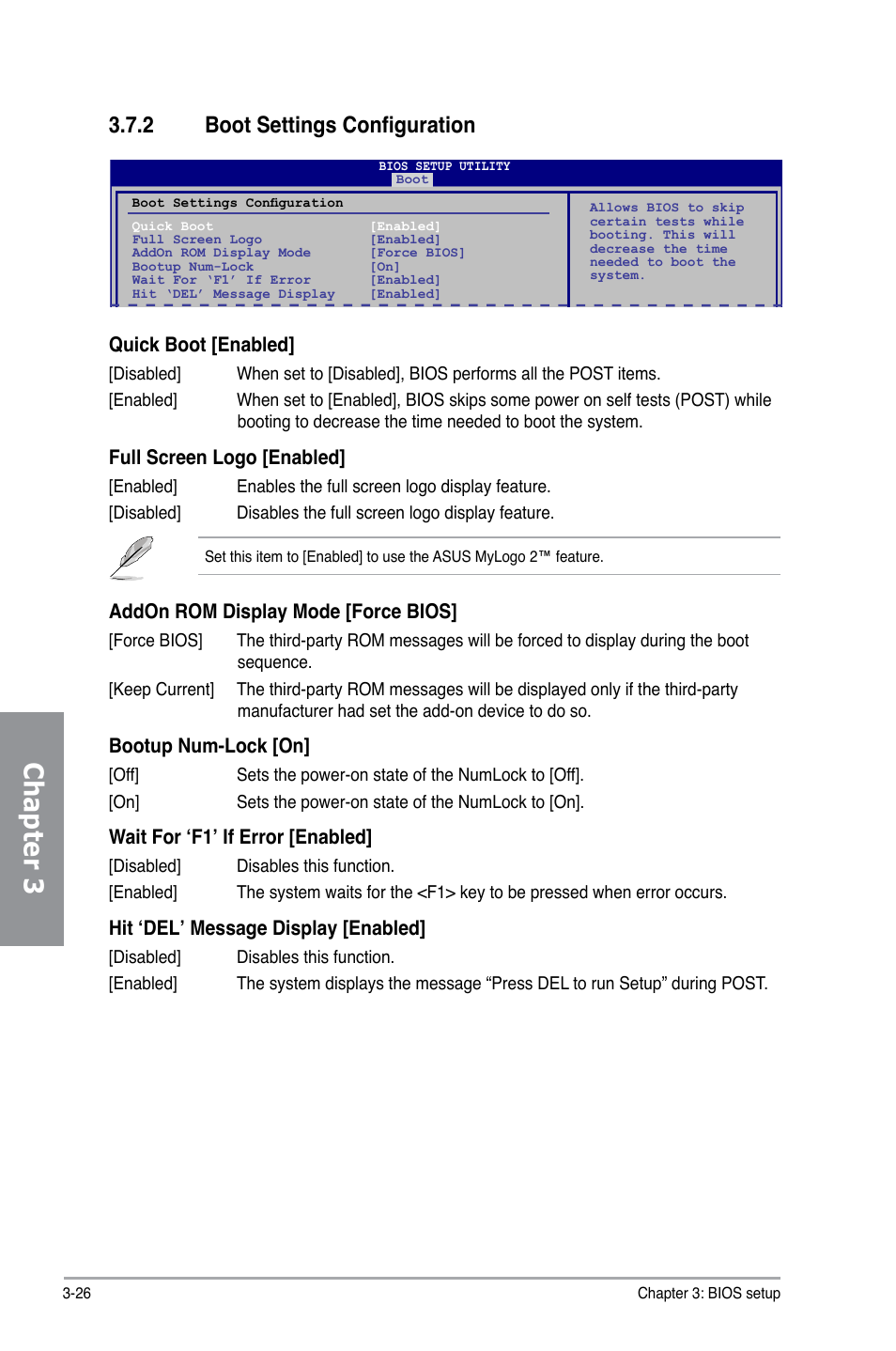 2 boot settings configuration, Boot settings configuration -26, Chapter 3 | Quick boot [enabled, Full screen logo [enabled, Addon rom display mode [force bios, Bootup num-lock [on, Wait for ‘f1’ if error [enabled, Hit ‘del’ message display [enabled | Asus M4A79XTD EVO/USB3 User Manual | Page 82 / 112