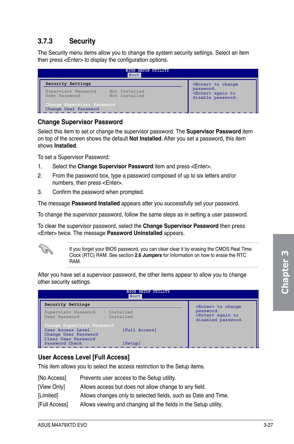 3 security, Security -27, Chapter 3 | Change supervisor password, User access level [full access | Asus M4A79XTD EVO/USB3 User Manual | Page 83 / 112