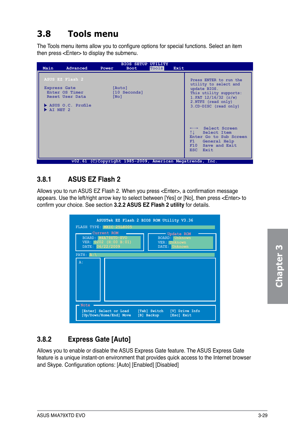 8 tools menu, 1 asus ez flash 2, 2 express gate | Tools menu -29 3.8.1, Asus ez flash 2 -29, Express gate -29, Chapter 3 3.8 tools menu, 2 express gate [auto | Asus M4A79XTD EVO/USB3 User Manual | Page 85 / 112