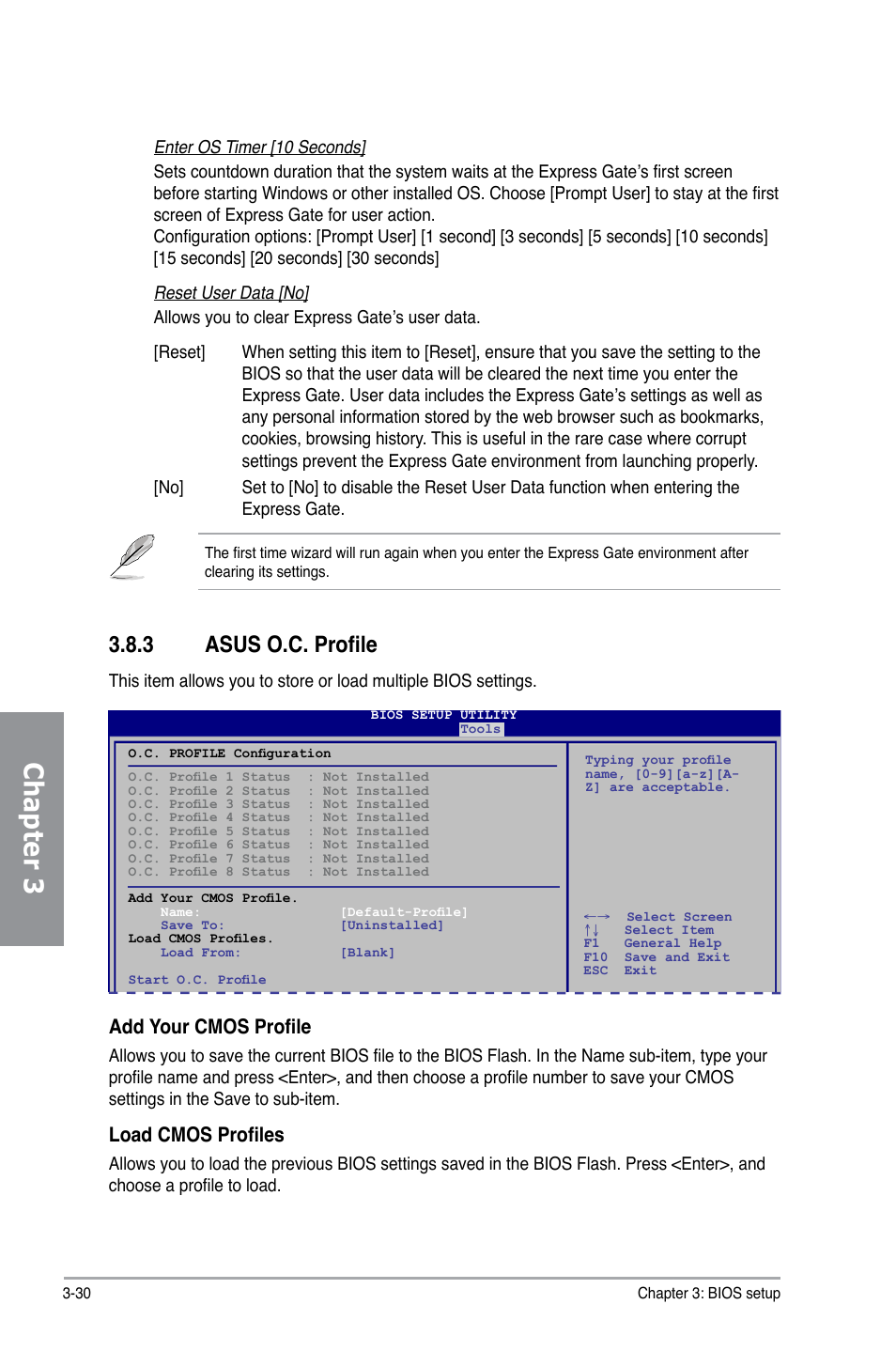 3 asus o.c. profile, Asus o.c. profile -30, Chapter 3 | Add your cmos profile, Load cmos profiles | Asus M4A79XTD EVO/USB3 User Manual | Page 86 / 112