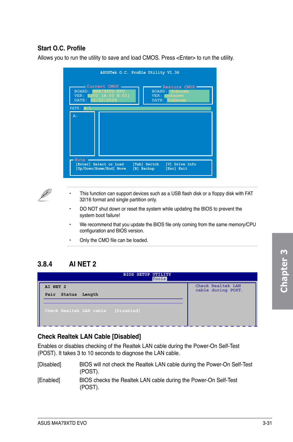 4 ai net 2, Ai net 2 -31, Chapter 3 | Check realtek lan cable [disabled, Start o.c. profile | Asus M4A79XTD EVO/USB3 User Manual | Page 87 / 112