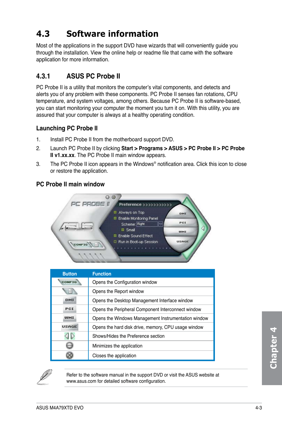 3 software information, 1 asus pc probe ii, Software information -3 4.3.1 | Asus pc probe ii -3, Chapter 4 4.3 software information | Asus M4A79XTD EVO/USB3 User Manual | Page 91 / 112