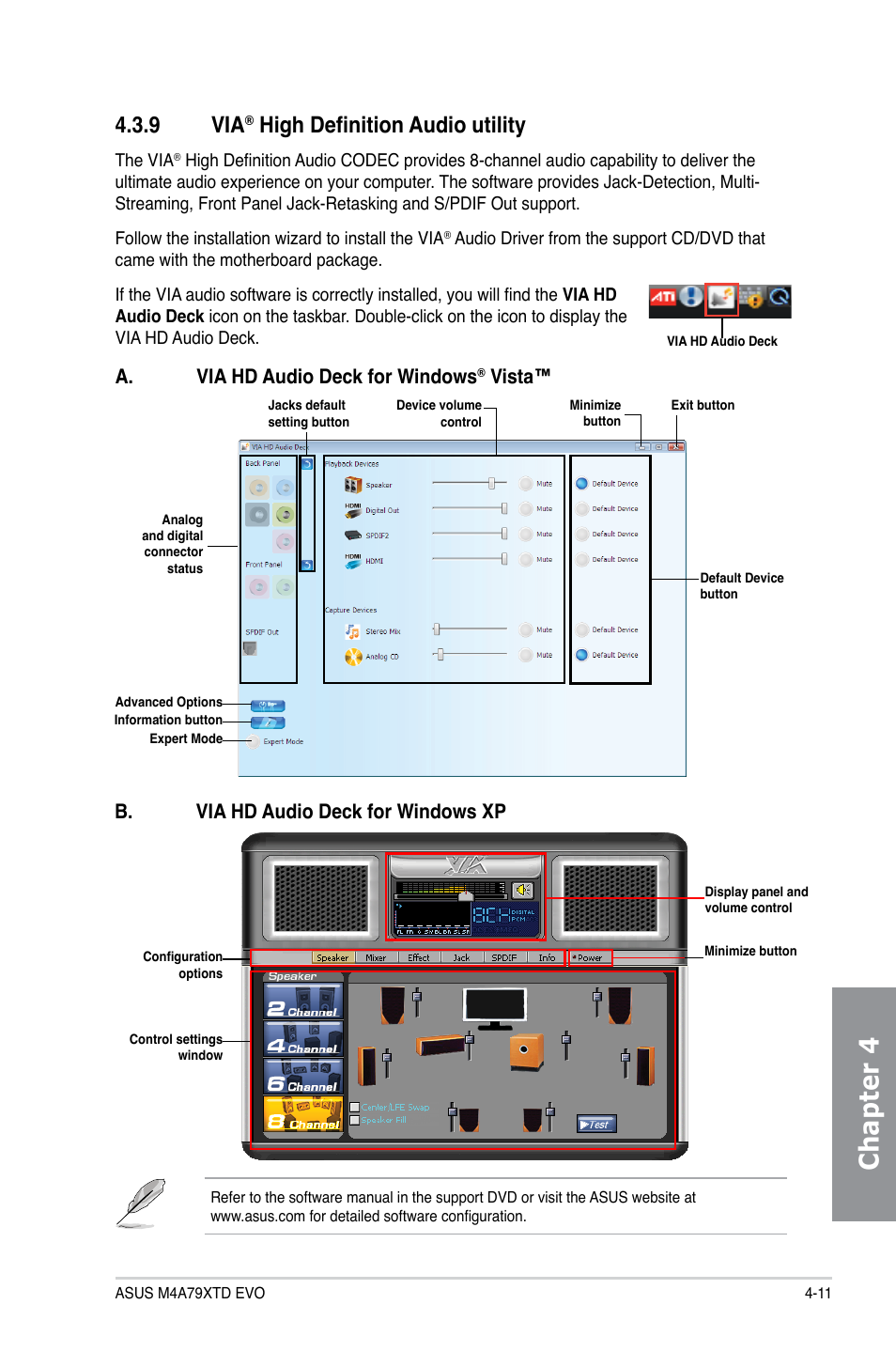 9 via® high definition audio utility, High definition audio utility -11, Chapter 4 | 9 via, High definition audio utility, A. via hd audio deck for windows, Vista, B. via hd audio deck for windows xp | Asus M4A79XTD EVO/USB3 User Manual | Page 99 / 112