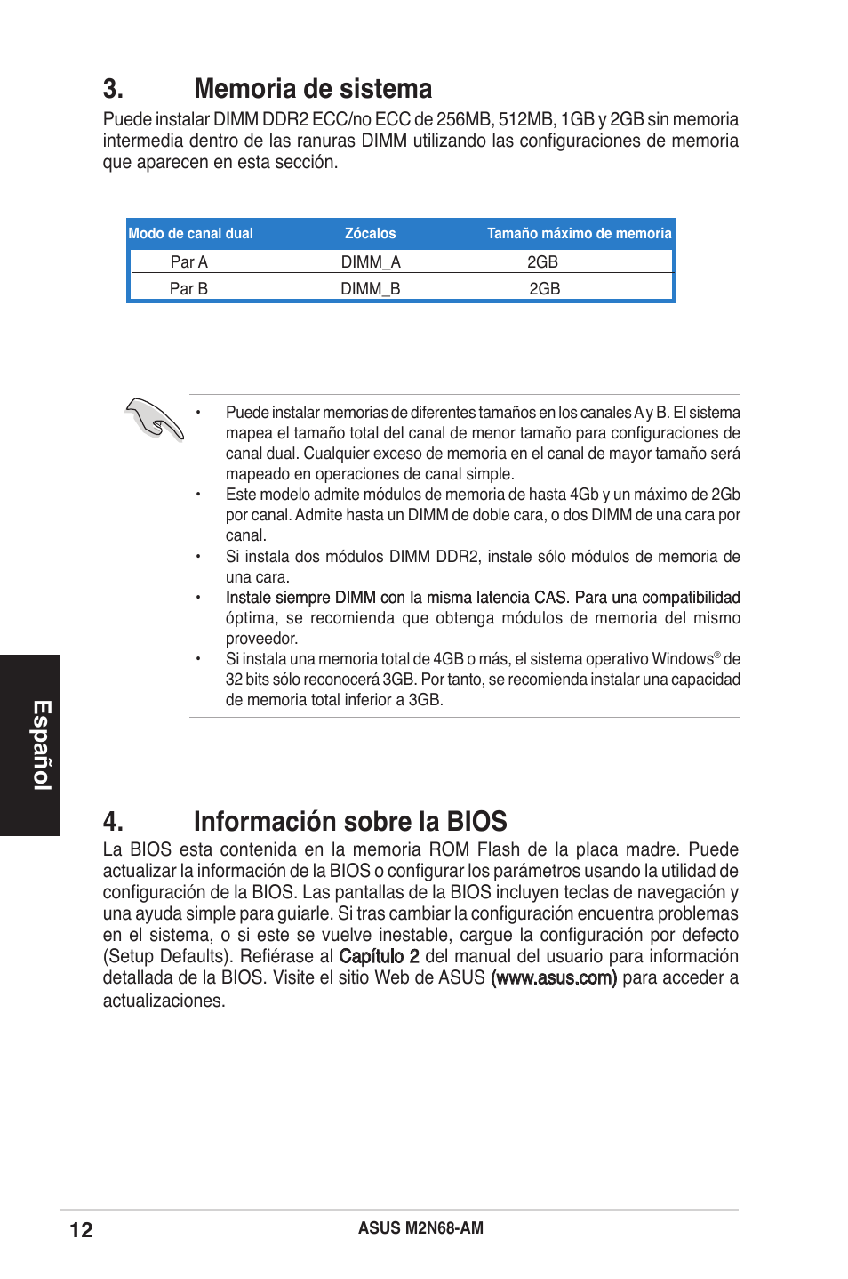 Información sobre la bios, Español | Asus M2N68-AM User Manual | Page 12 / 38