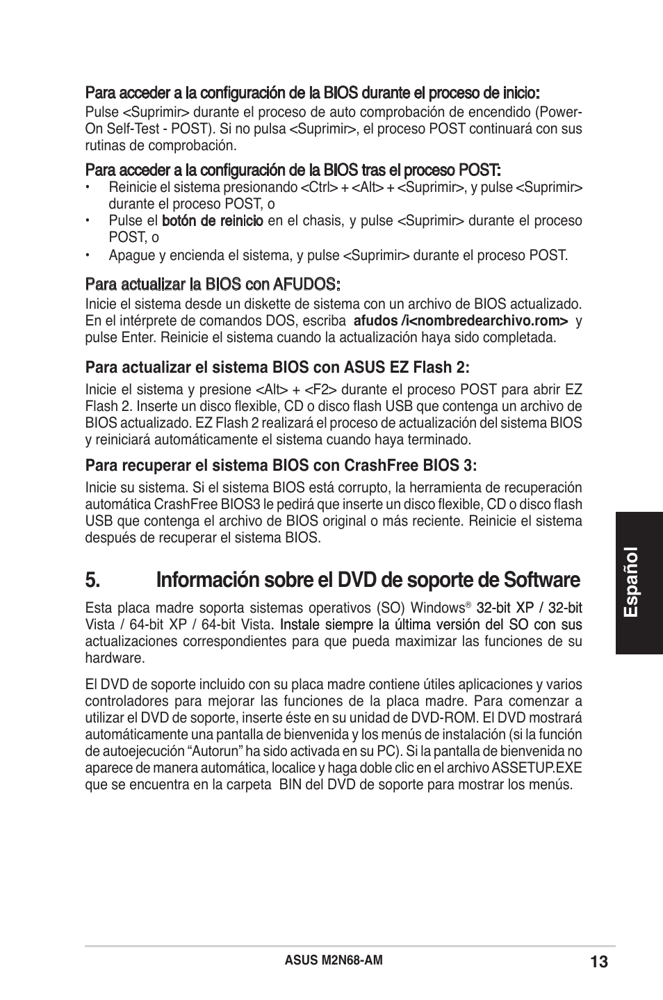 Información sobre el dvd de soporte de software, Español | Asus M2N68-AM User Manual | Page 13 / 38