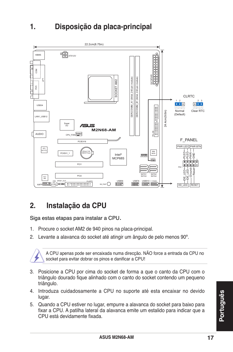 Disposição da placa-principal 2. instalação da cpu, Português, Siga estas etapas para instalar a cpu | Asus m2n68-am, F_panel | Asus M2N68-AM User Manual | Page 17 / 38