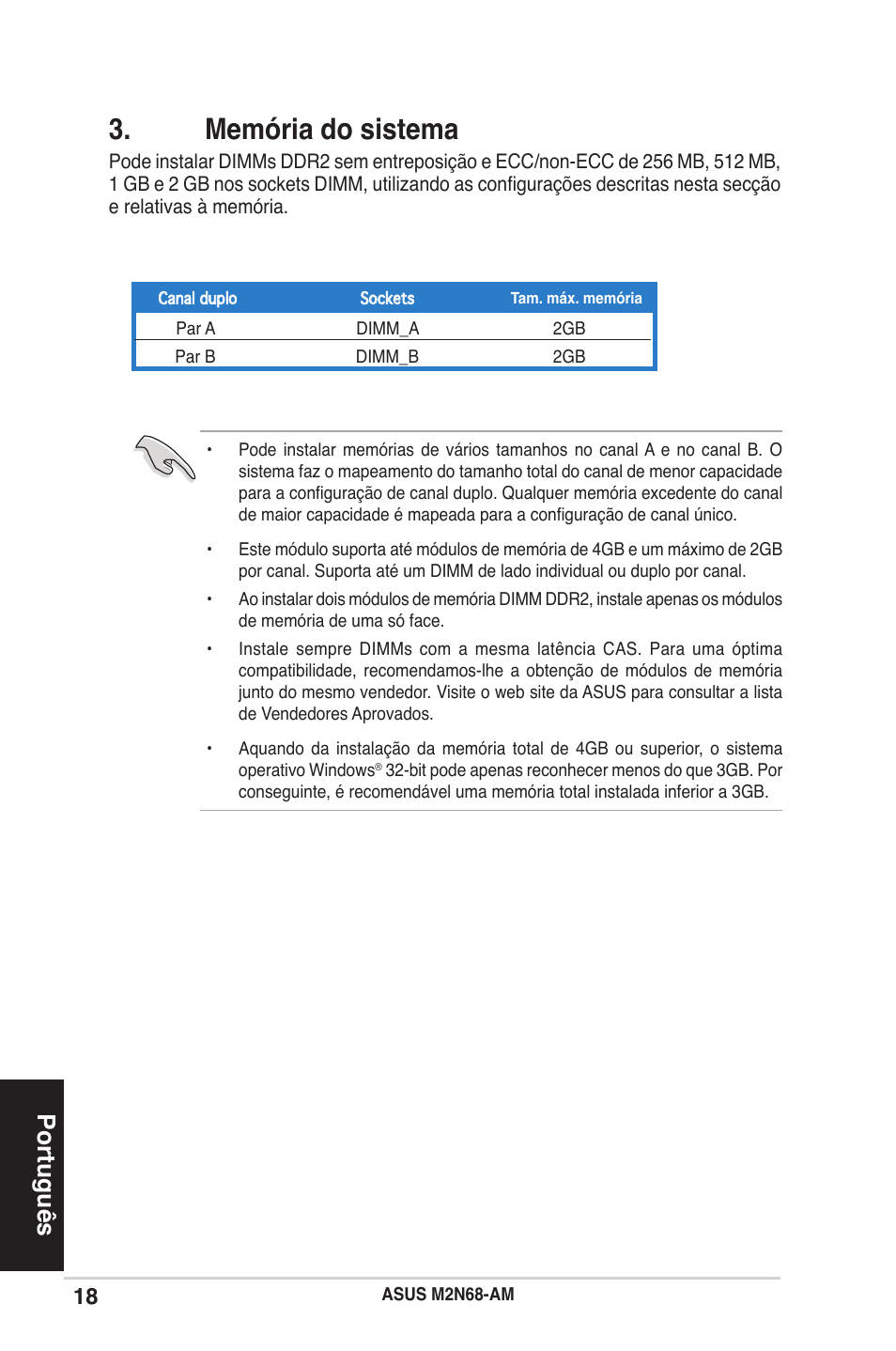 Memória do sistema, Português | Asus M2N68-AM User Manual | Page 18 / 38