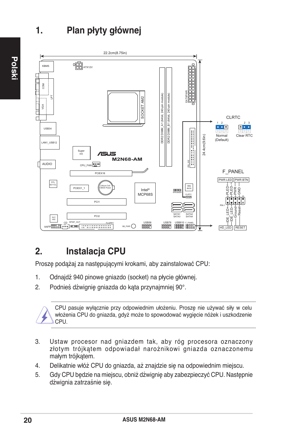 Instalacja cpu, Plan płyty głównej, Polski | Asus m2n68-am, F_panel | Asus M2N68-AM User Manual | Page 20 / 38