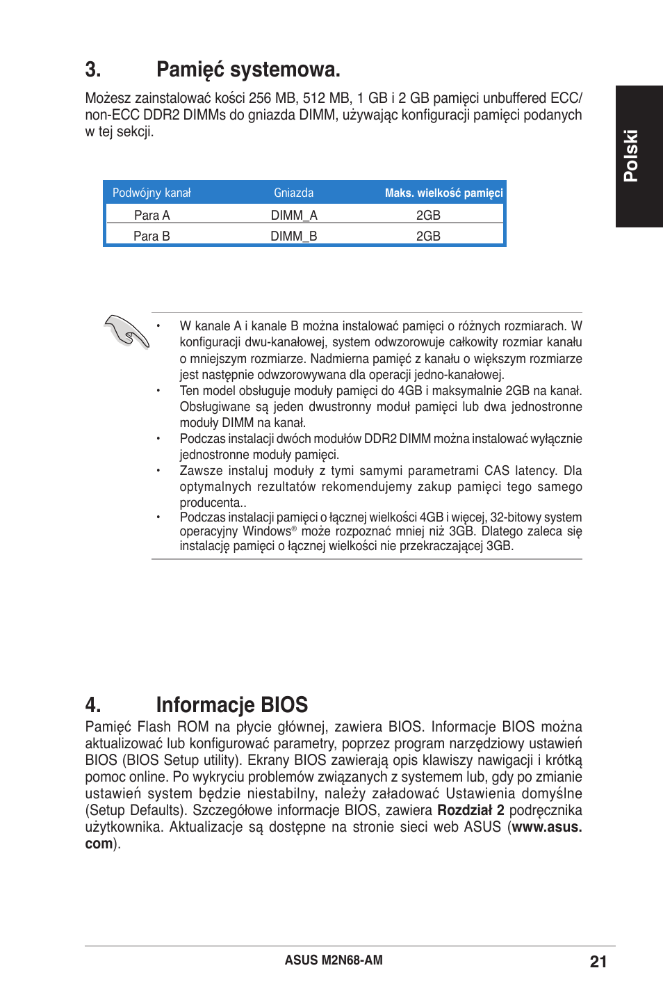 Pamięć systemowa, Informacje bios, Polski | Asus M2N68-AM User Manual | Page 21 / 38