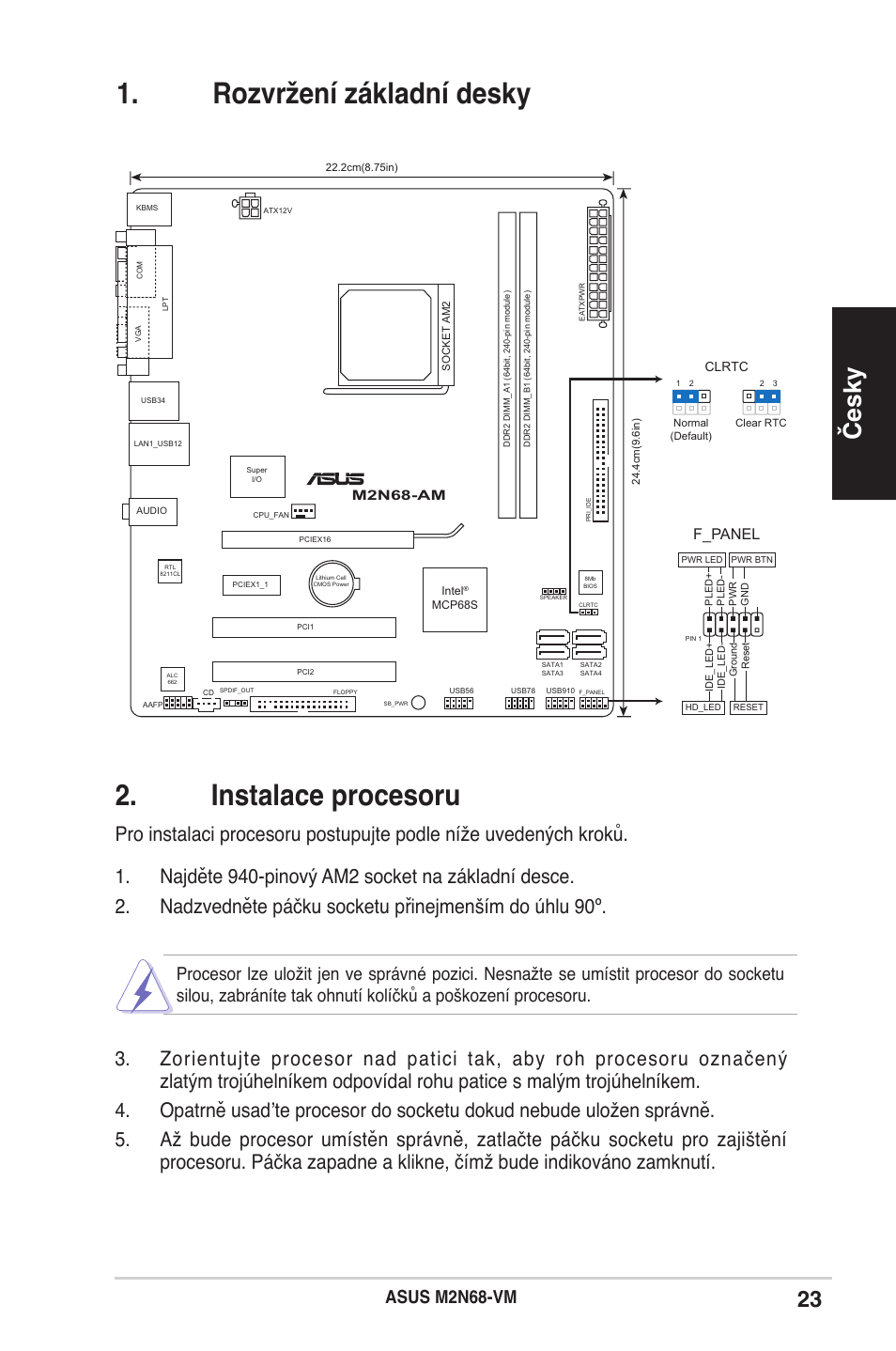 Instalace procesoru, Rozvržení základní desky, Česky | Asus m2n68-vm, F_panel | Asus M2N68-AM User Manual | Page 23 / 38