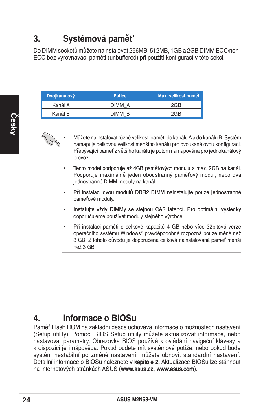 Systémová pamět, Informace o biosu, Česky | Asus M2N68-AM User Manual | Page 24 / 38