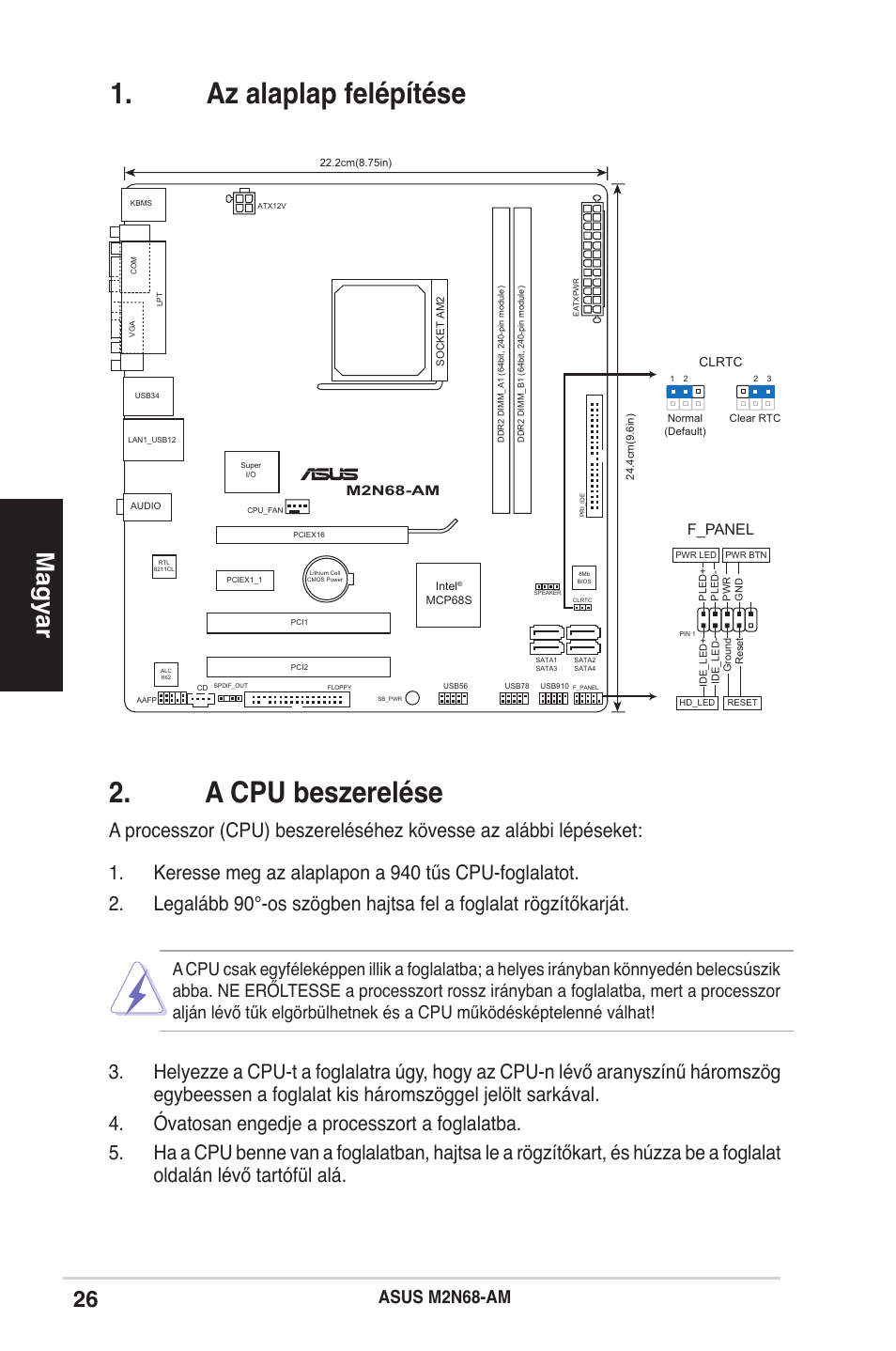 A cpu beszerelése, Az alaplap felépítése, Magyar | Asus m2n68-am, F_panel | Asus M2N68-AM User Manual | Page 26 / 38