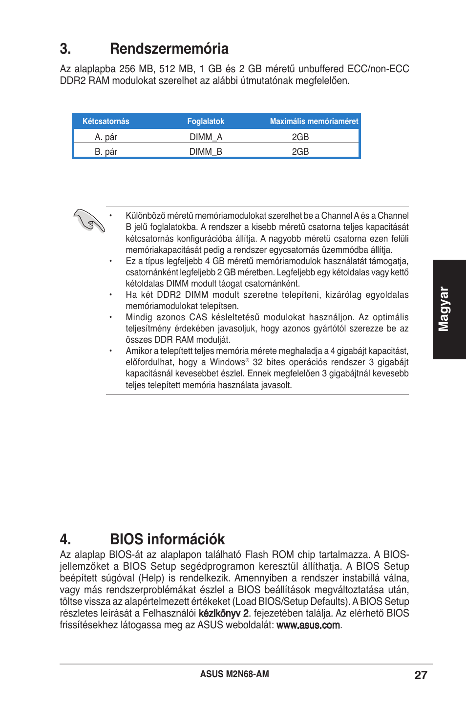 Rendszermemória, Bios információk, Magyar | Asus M2N68-AM User Manual | Page 27 / 38