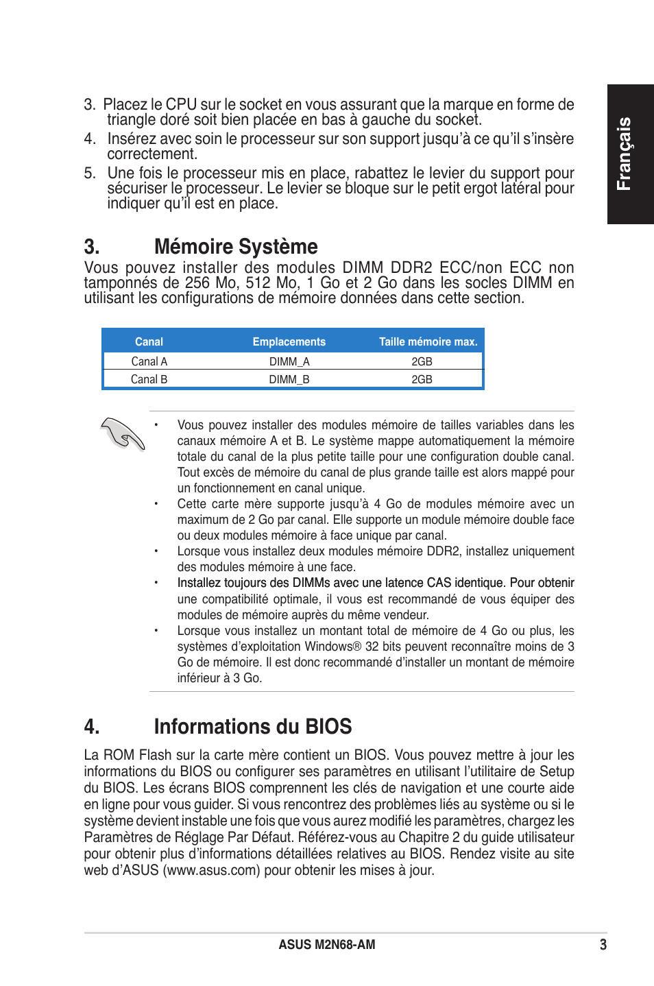 Mémoire système, Informations du bios, Français | Asus M2N68-AM User Manual | Page 3 / 38