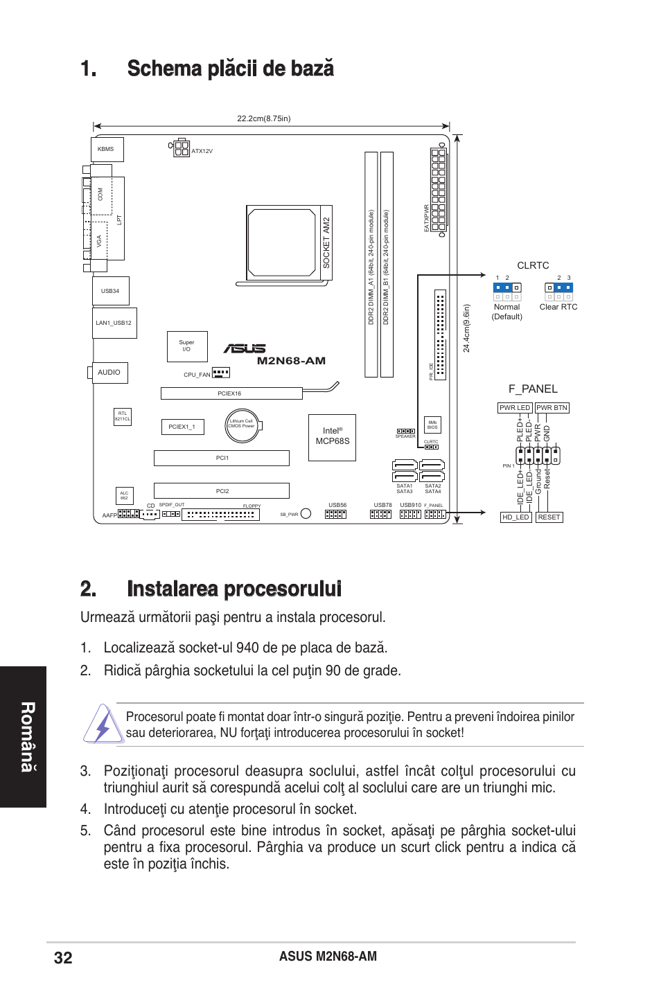 Schema plăcii de bază 2. instalarea procesorului, Română, Asus m2n68-am | F_panel | Asus M2N68-AM User Manual | Page 32 / 38