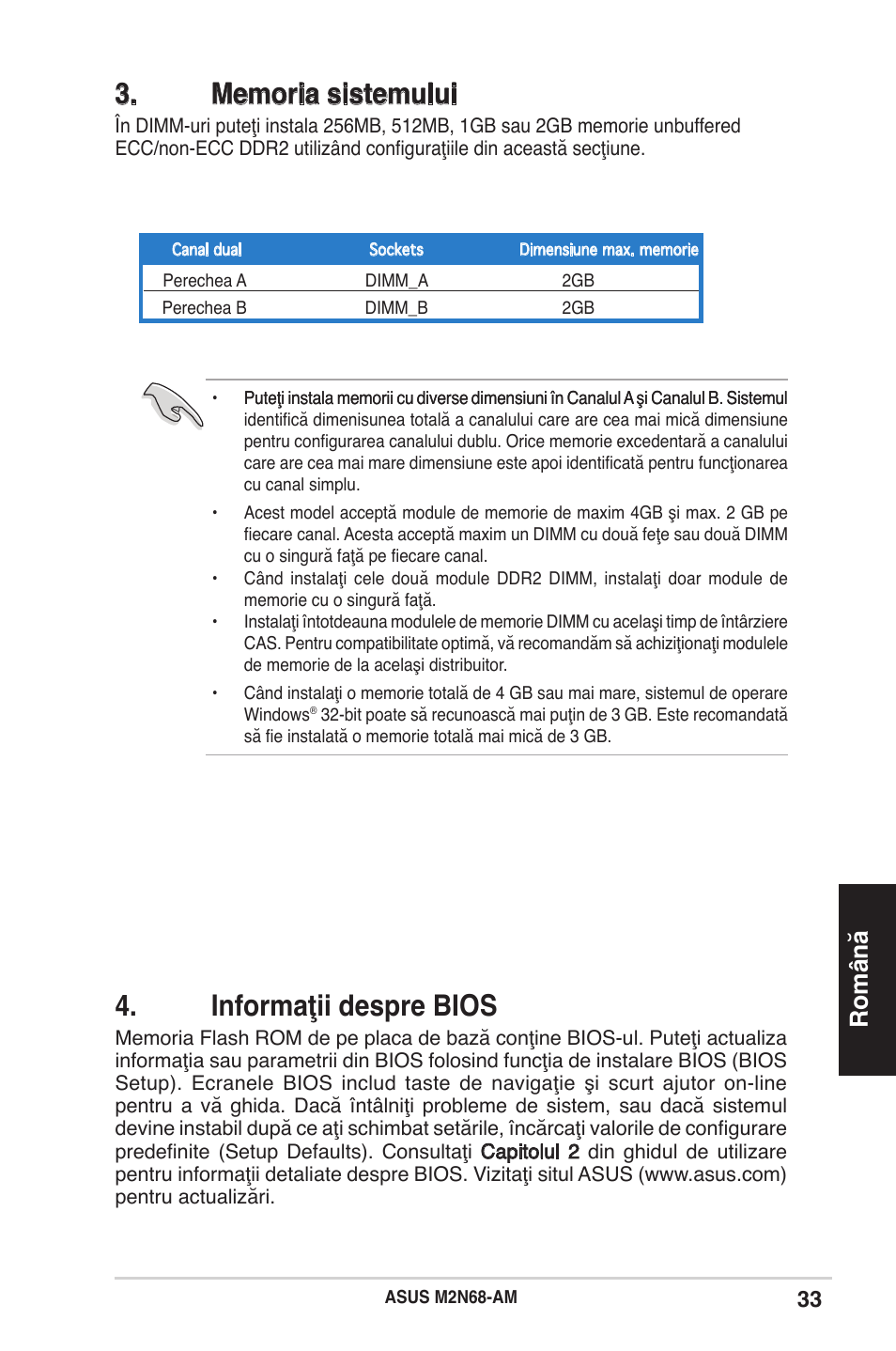 Informaţii despre bios, Română | Asus M2N68-AM User Manual | Page 33 / 38