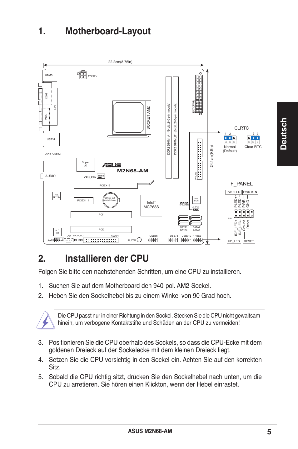 Motherboard-layout 2. installieren der cpu, Deutsch, Asus m2n68-am | F_panel | Asus M2N68-AM User Manual | Page 5 / 38