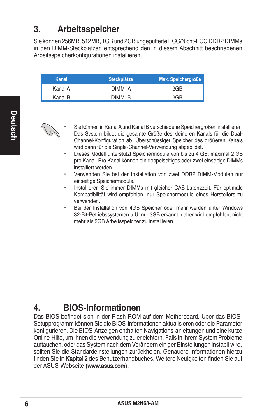 Arbeitsspeicher, Bios-informationen, Deutsch | Asus M2N68-AM User Manual | Page 6 / 38