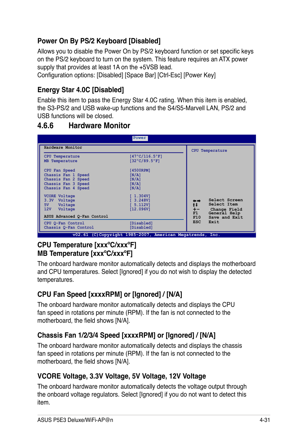 6 hardware monitor, Power on by ps/2 keyboard [disabled, Energy star 4.0c [disabled | Asus P5E3 DELUXE/WiFi-AP User Manual | Page 101 / 196