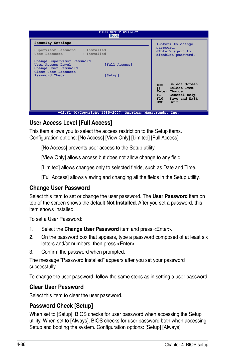 User access level [full access, Change user password, Clear user password | Password check [setup, Select this item to clear the user password | Asus P5E3 DELUXE/WiFi-AP User Manual | Page 106 / 196