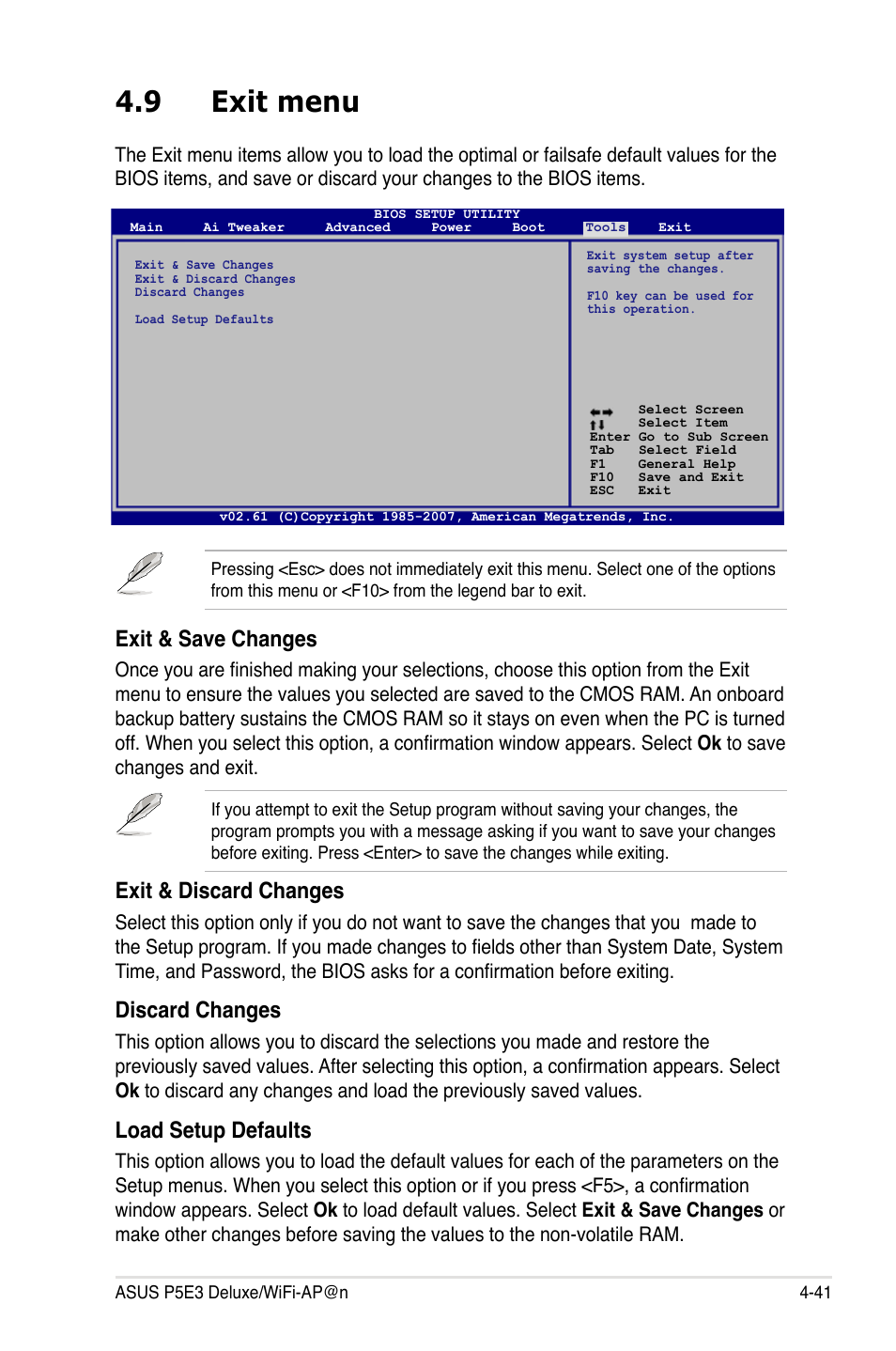 9 exit menu, Exit & save changes, Exit & discard changes | Discard changes, Load setup defaults | Asus P5E3 DELUXE/WiFi-AP User Manual | Page 111 / 196