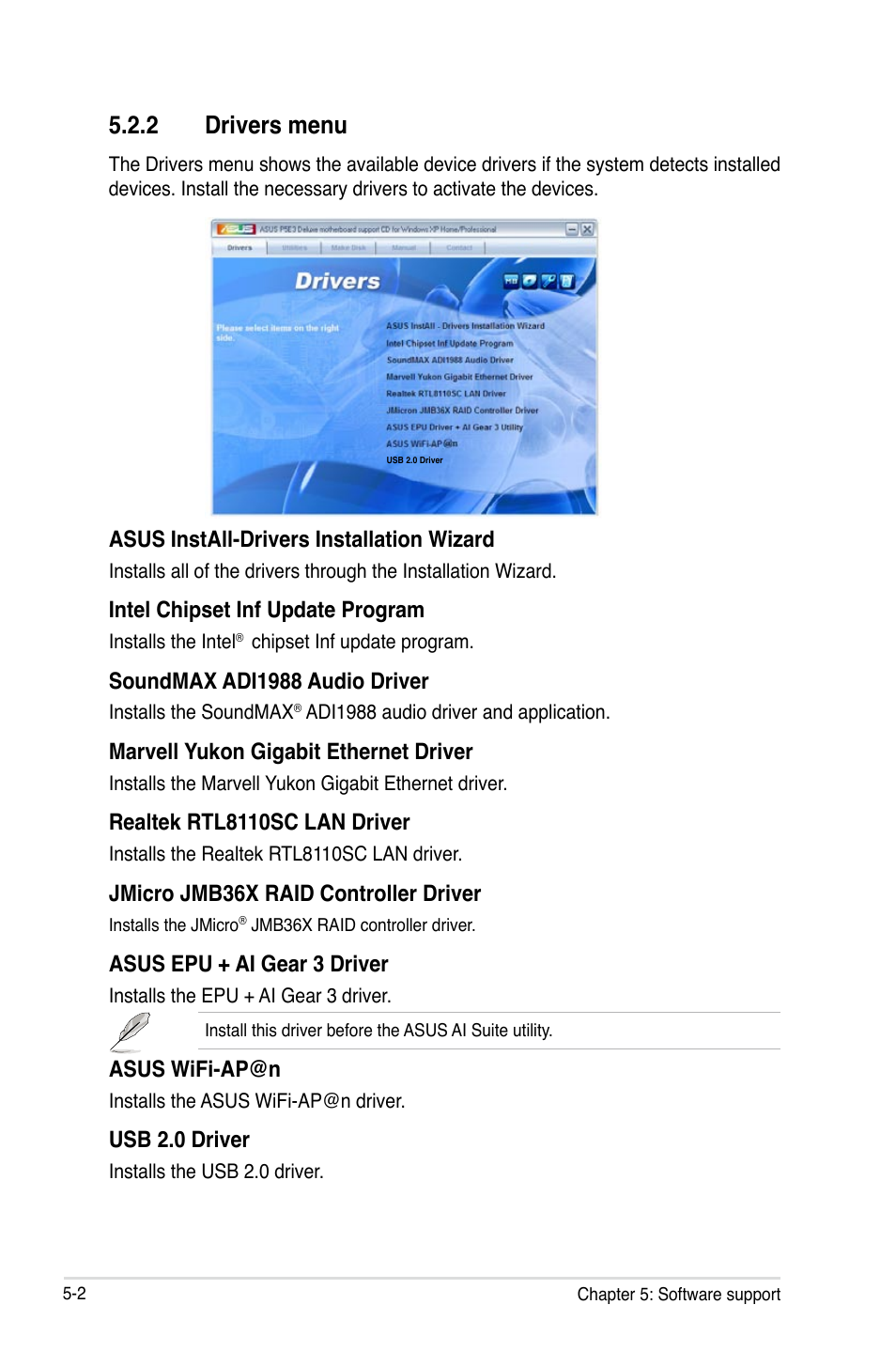 2 drivers menu | Asus P5E3 DELUXE/WiFi-AP User Manual | Page 116 / 196