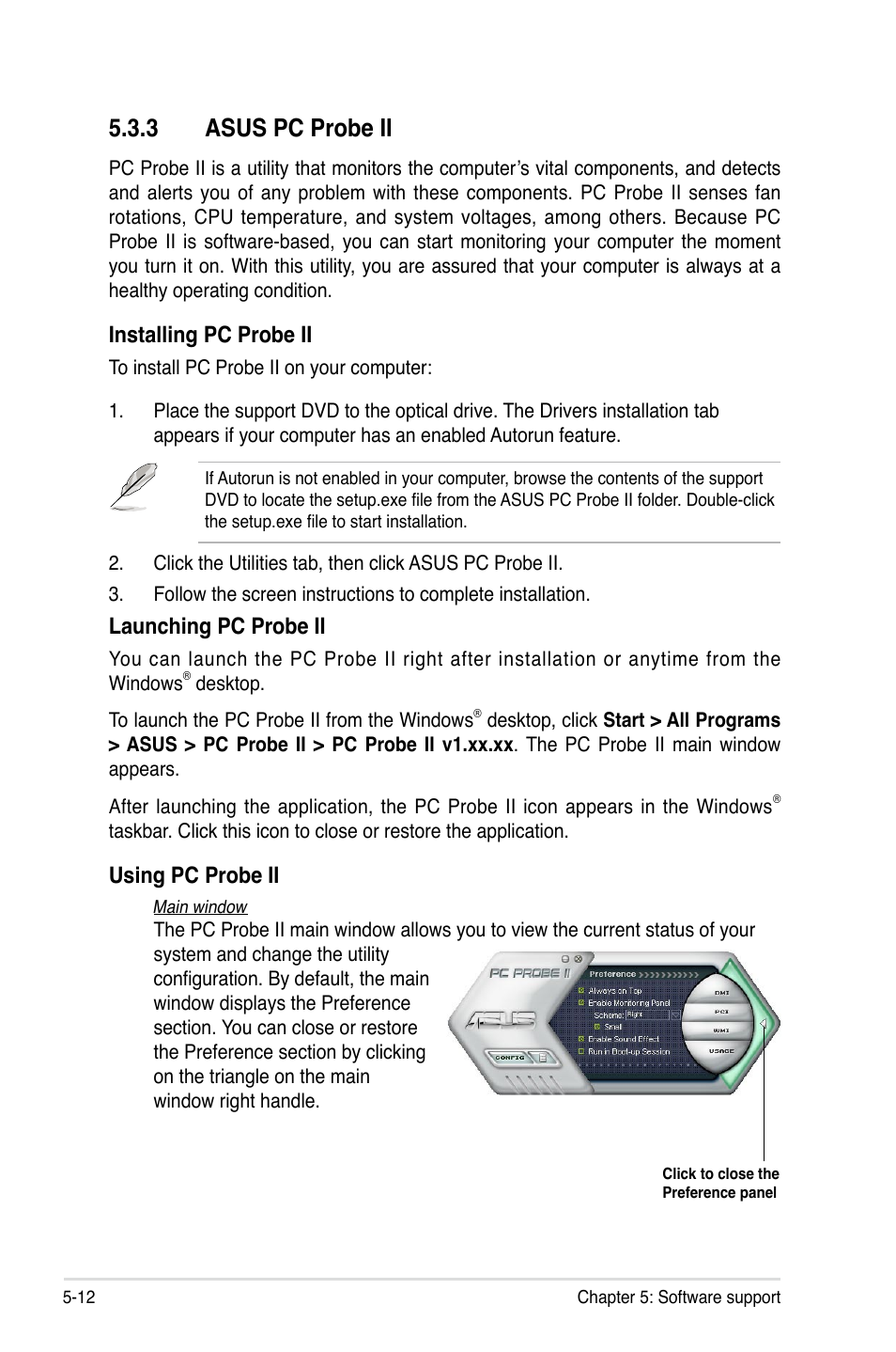 3 asus pc probe ii, Installing pc probe ii, Launching pc probe ii | Using pc probe ii | Asus P5E3 DELUXE/WiFi-AP User Manual | Page 126 / 196