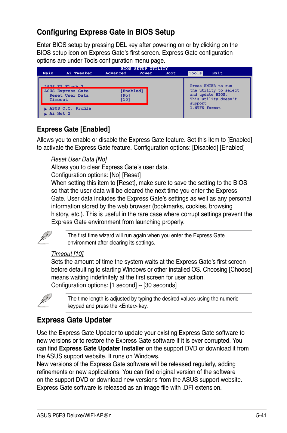 Configuring express gate in bios setup, Express gate updater, Express gate [enabled | Asus P5E3 DELUXE/WiFi-AP User Manual | Page 155 / 196