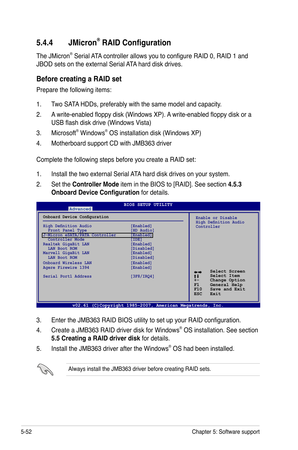 4 jmicron, Raid configuration, Before creating a raid set | The jmicron, Windows, Os had been installed | Asus P5E3 DELUXE/WiFi-AP User Manual | Page 166 / 196