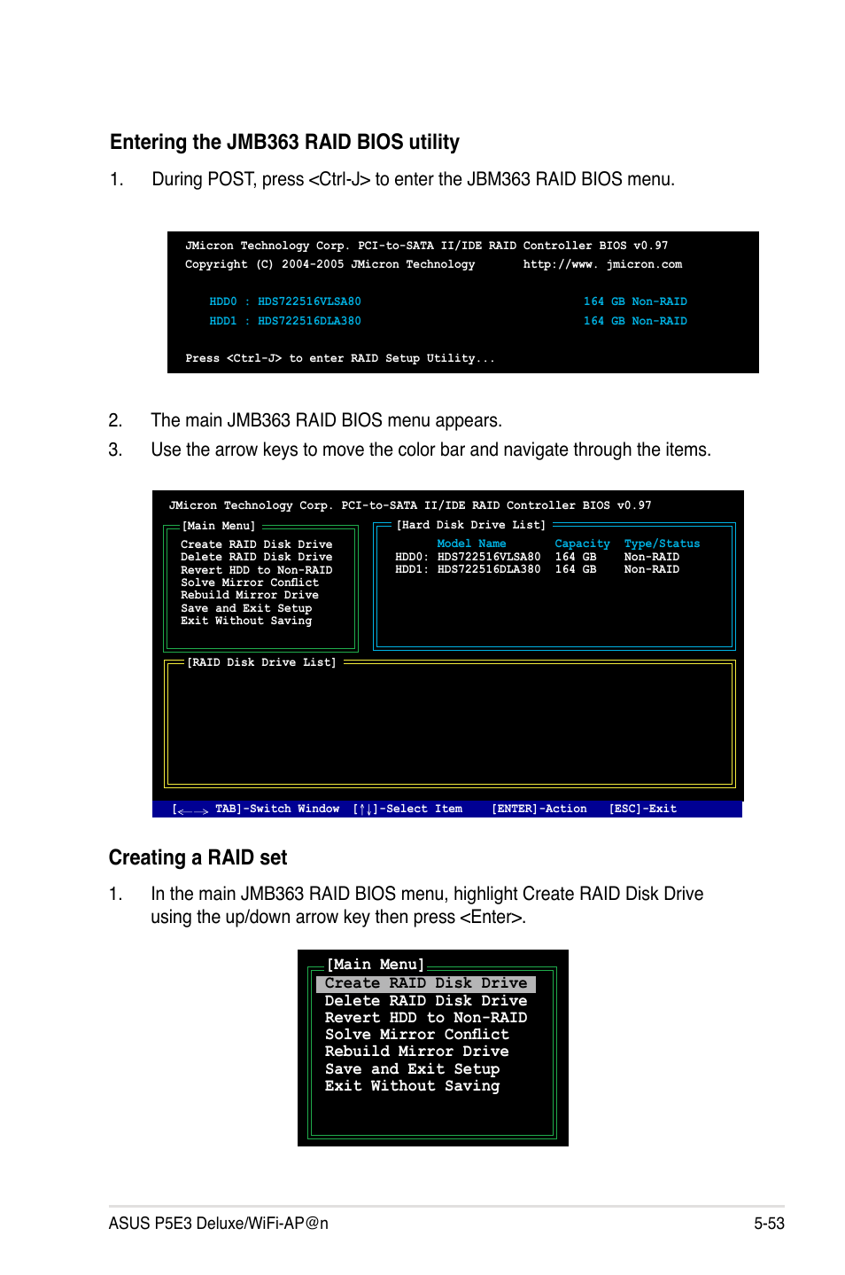 Entering the jmb363 raid bios utility, Creating a raid set | Asus P5E3 DELUXE/WiFi-AP User Manual | Page 167 / 196