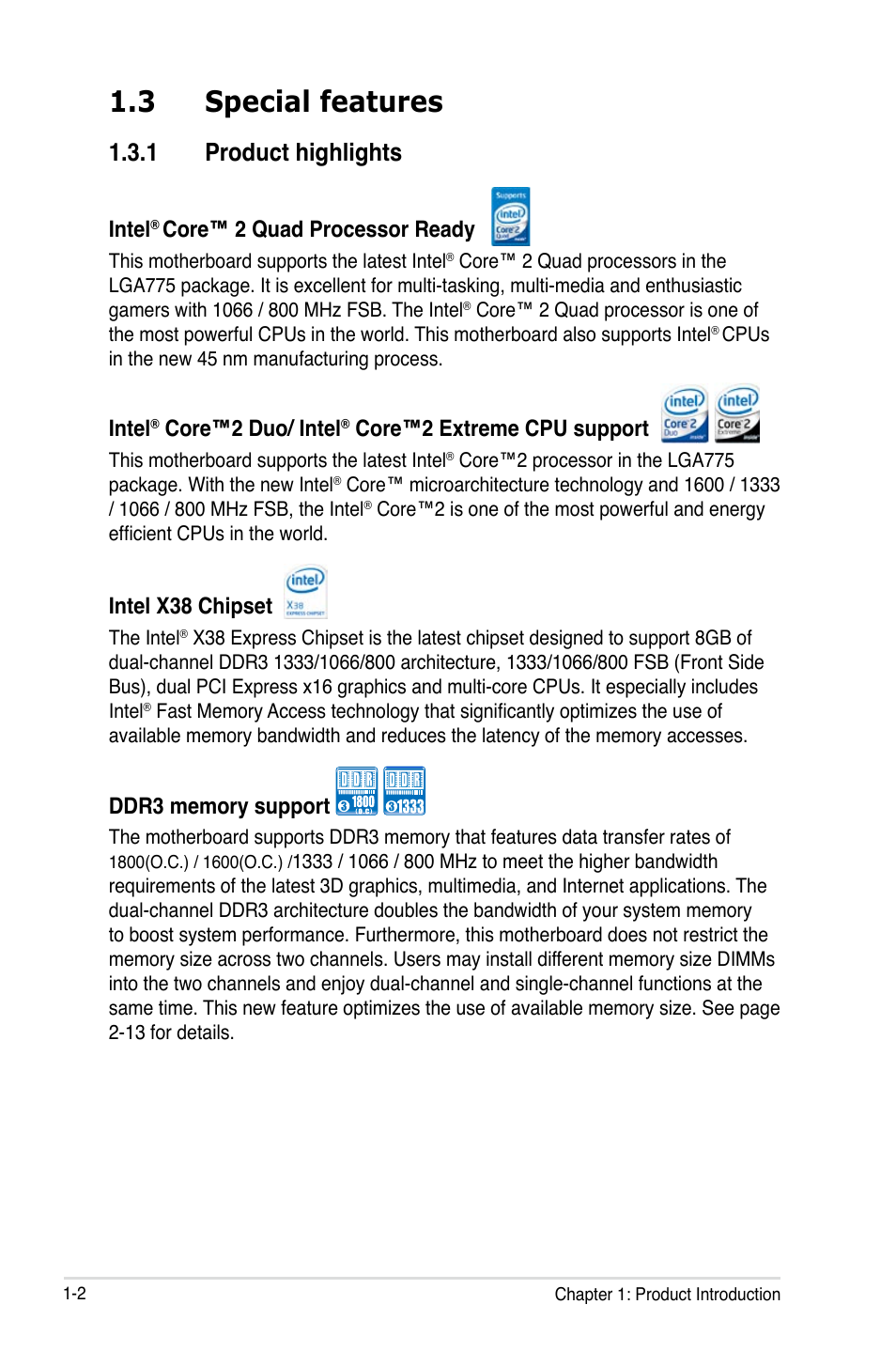 3 special features, 1 product highlights, Intel | Core™ 2 quad processor ready, Core™2 duo/ intel, Core™2 extreme cpu support, Intel x38 chipset | Asus P5E3 DELUXE/WiFi-AP User Manual | Page 18 / 196