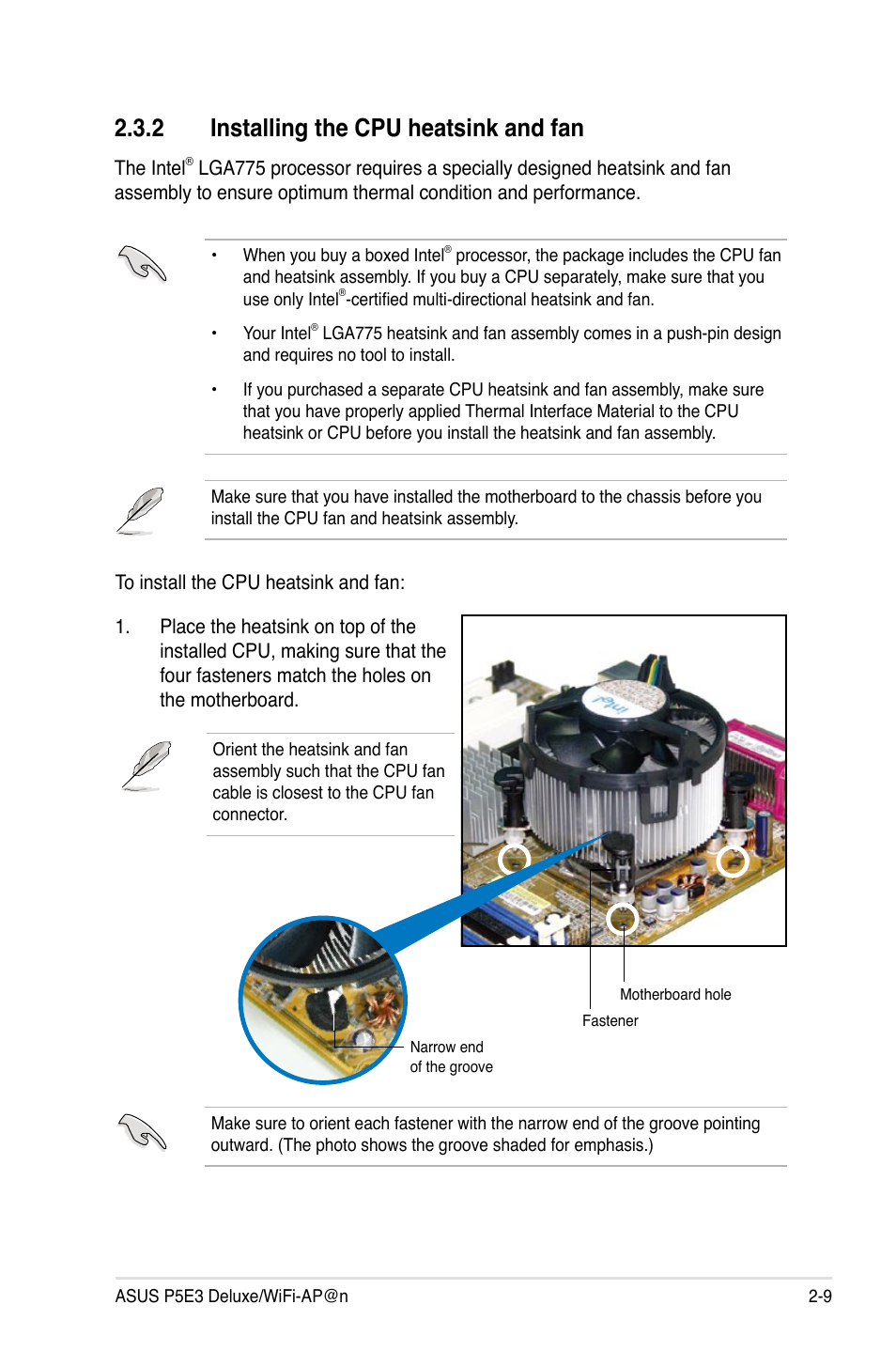 2 installing the cpu heatsink and fan | Asus P5E3 DELUXE/WiFi-AP User Manual | Page 35 / 196