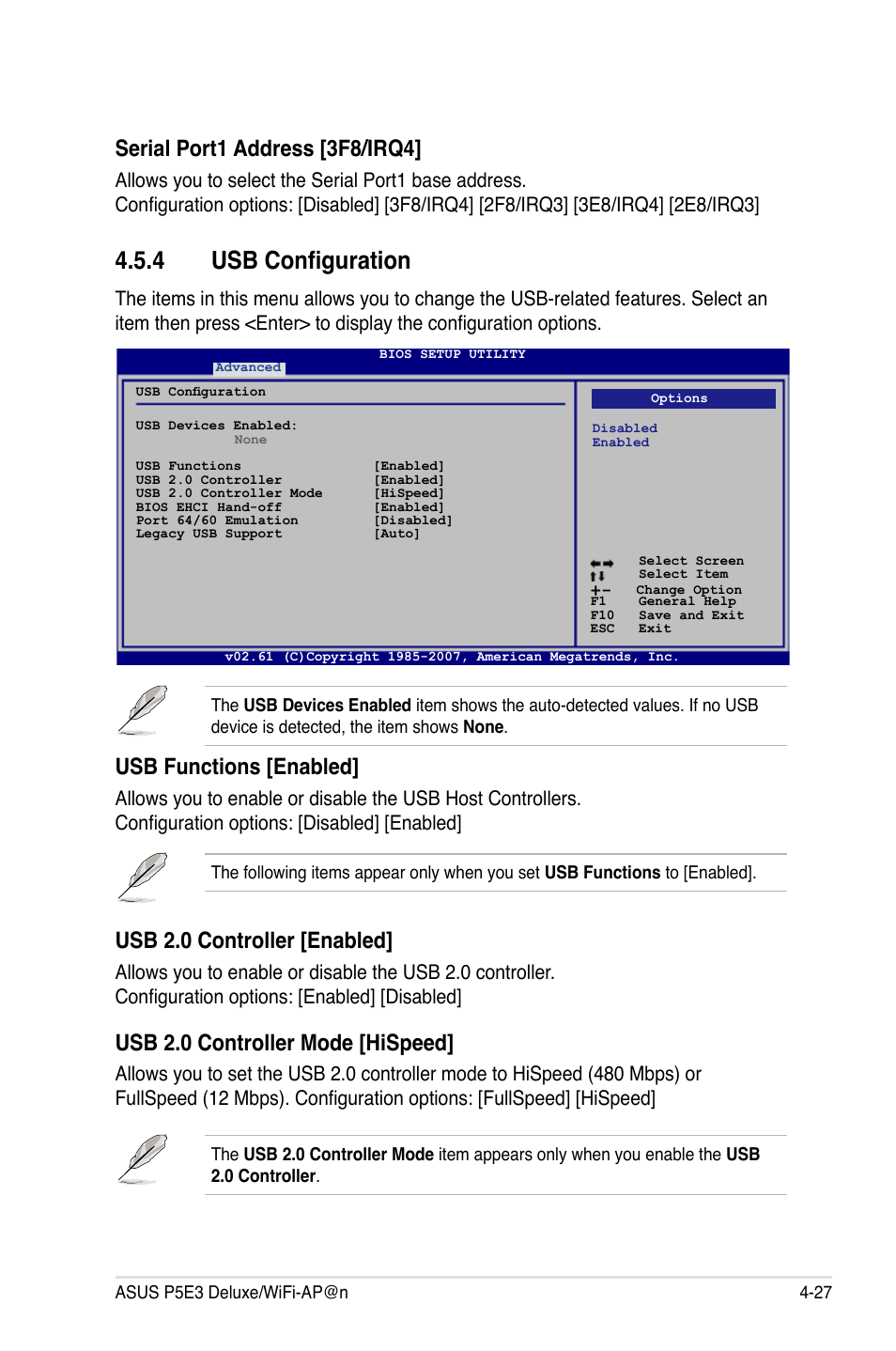 4 usb configuration, Usb 2.0 controller [enabled, Usb 2.0 controller mode [hispeed | Usb functions [enabled, Serial port1 address [3f8/irq4 | Asus P5E3 DELUXE/WiFi-AP User Manual | Page 97 / 196