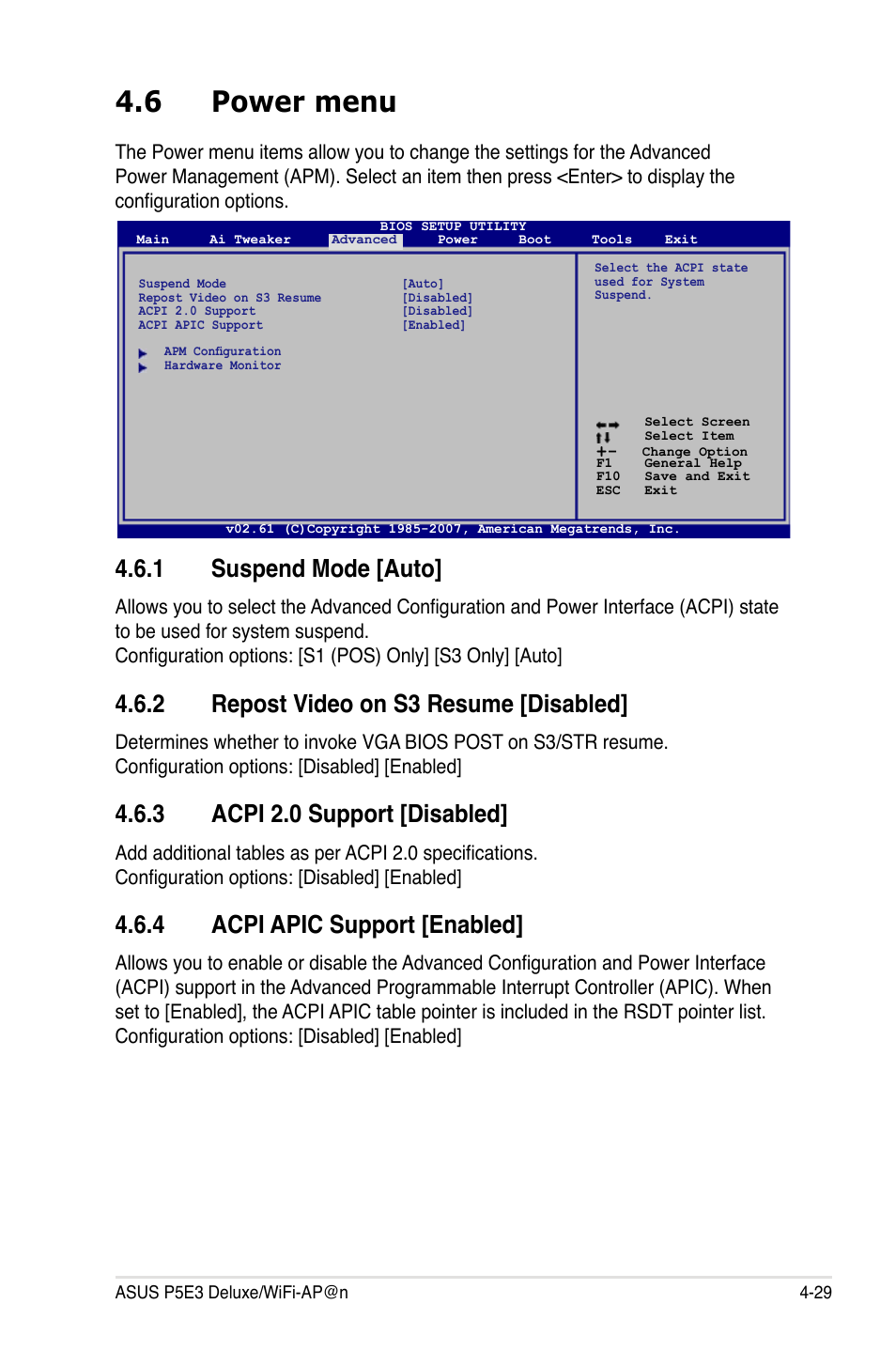 6 power menu, 1 suspend mode [auto, 2 repost video on s3 resume [disabled | 3 acpi 2.0 support [disabled, 4 acpi apic support [enabled | Asus P5E3 DELUXE/WiFi-AP User Manual | Page 99 / 196