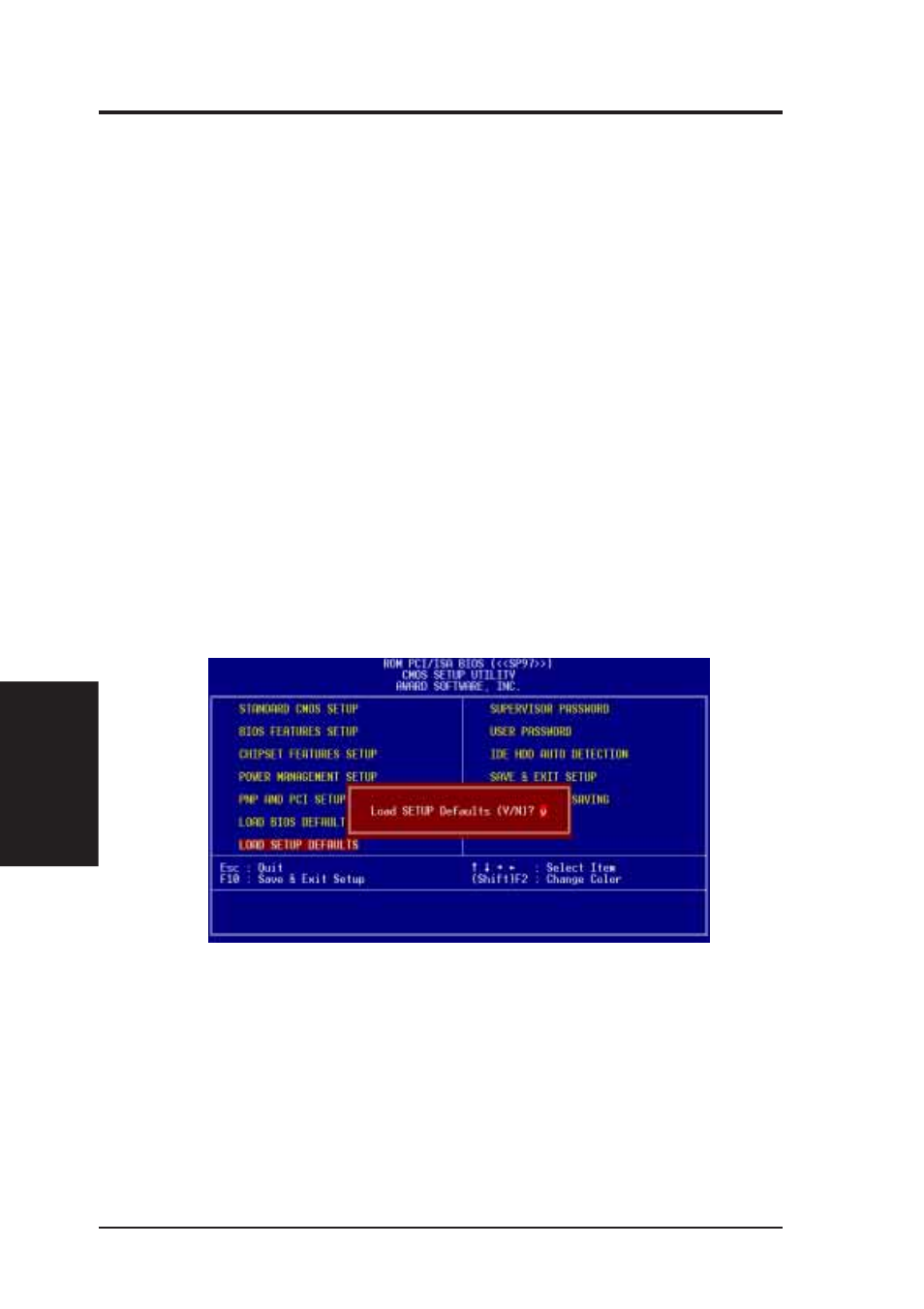 Iv. bios software, Load bios defaults, Load setup defaults | Asus SP97-V User Manual | Page 52 / 90