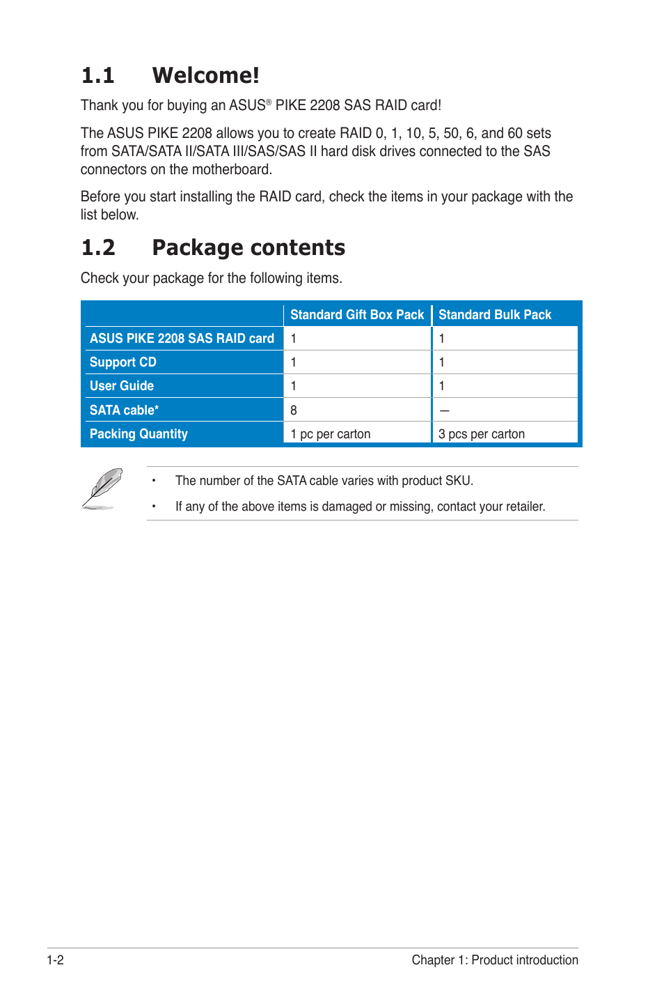 1 welcome, 2 package contents, Welcome! -2 | Package contents -2 | Asus PIKE 2208 User Manual | Page 10 / 86