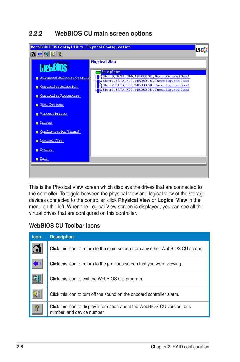 2 webbios cu main screen options, Webbios cu main screen options -6 | Asus PIKE 2208 User Manual | Page 20 / 86