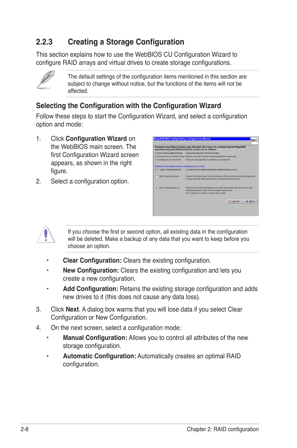 3 creating a storage configuration, Creating a storage configuration -8 | Asus PIKE 2208 User Manual | Page 22 / 86