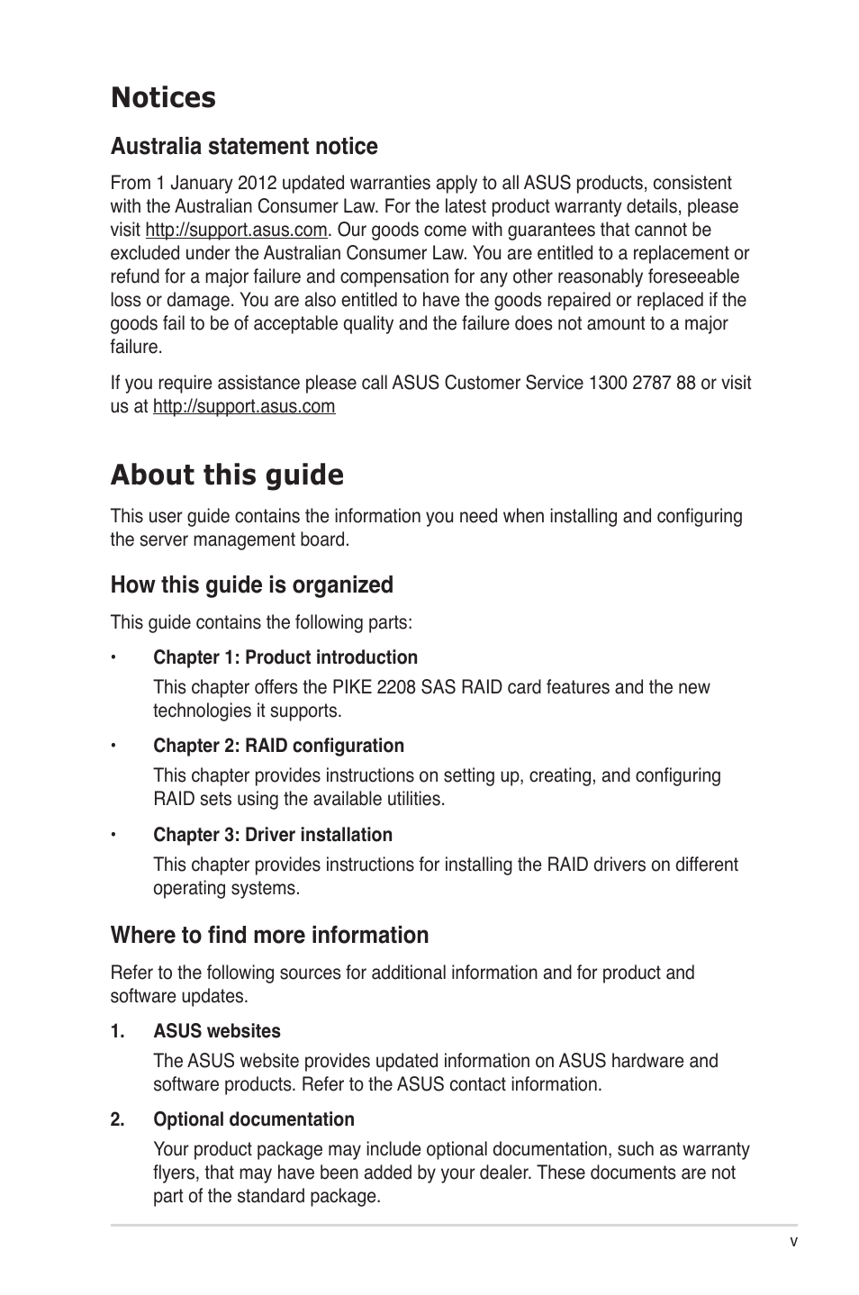 Notices, About this guide, How this guide is organized | Where to find more information, Australia statement notice | Asus PIKE 2208 User Manual | Page 5 / 86