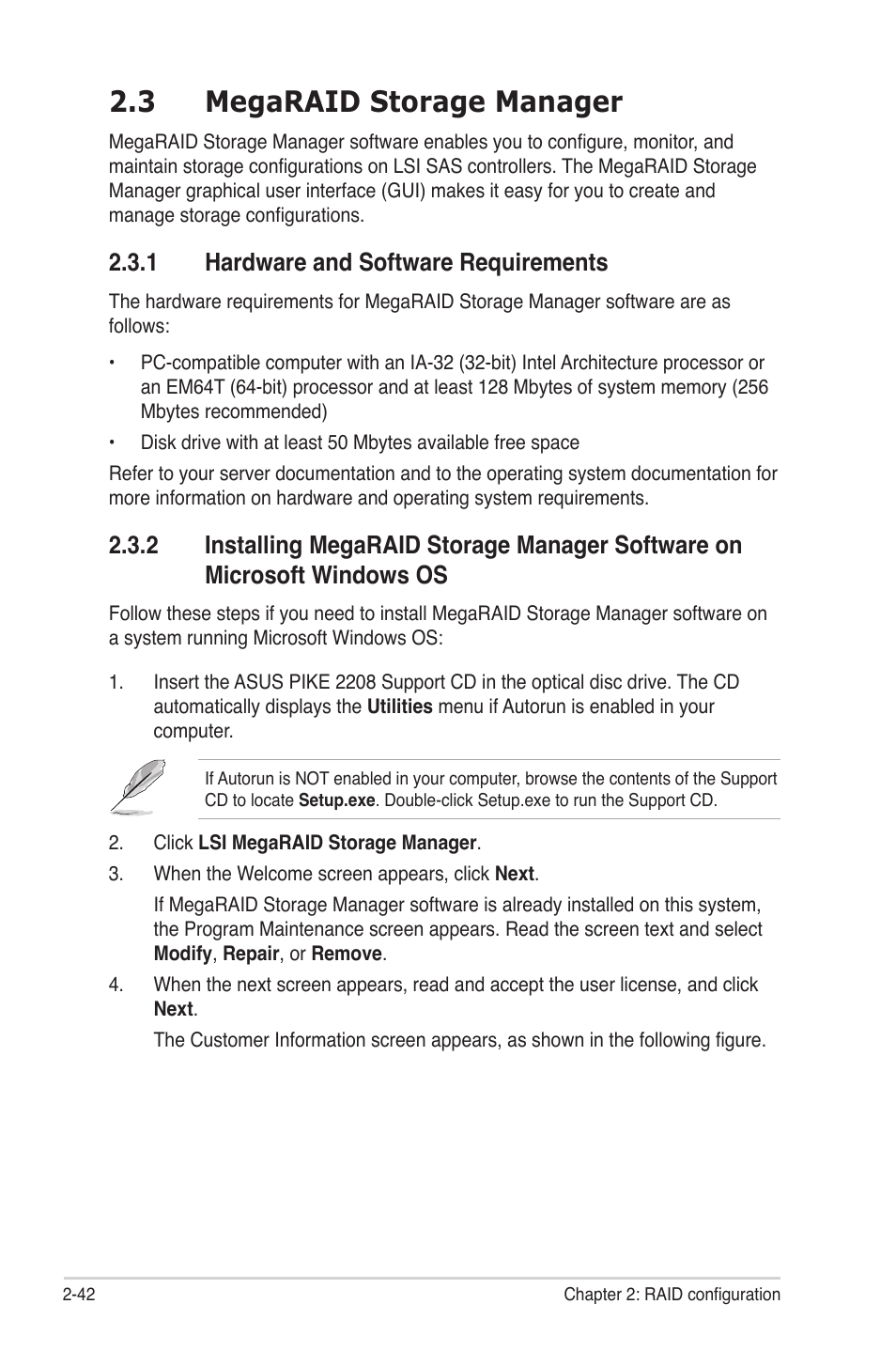 3 megaraid storage manager, 1 hardware and software requirements, Megaraid storage manager -42 2.3.1 | Hardware and software requirements -42, Installing megaraid storage manager software on, Microsoft windows os -42 | Asus PIKE 2208 User Manual | Page 56 / 86