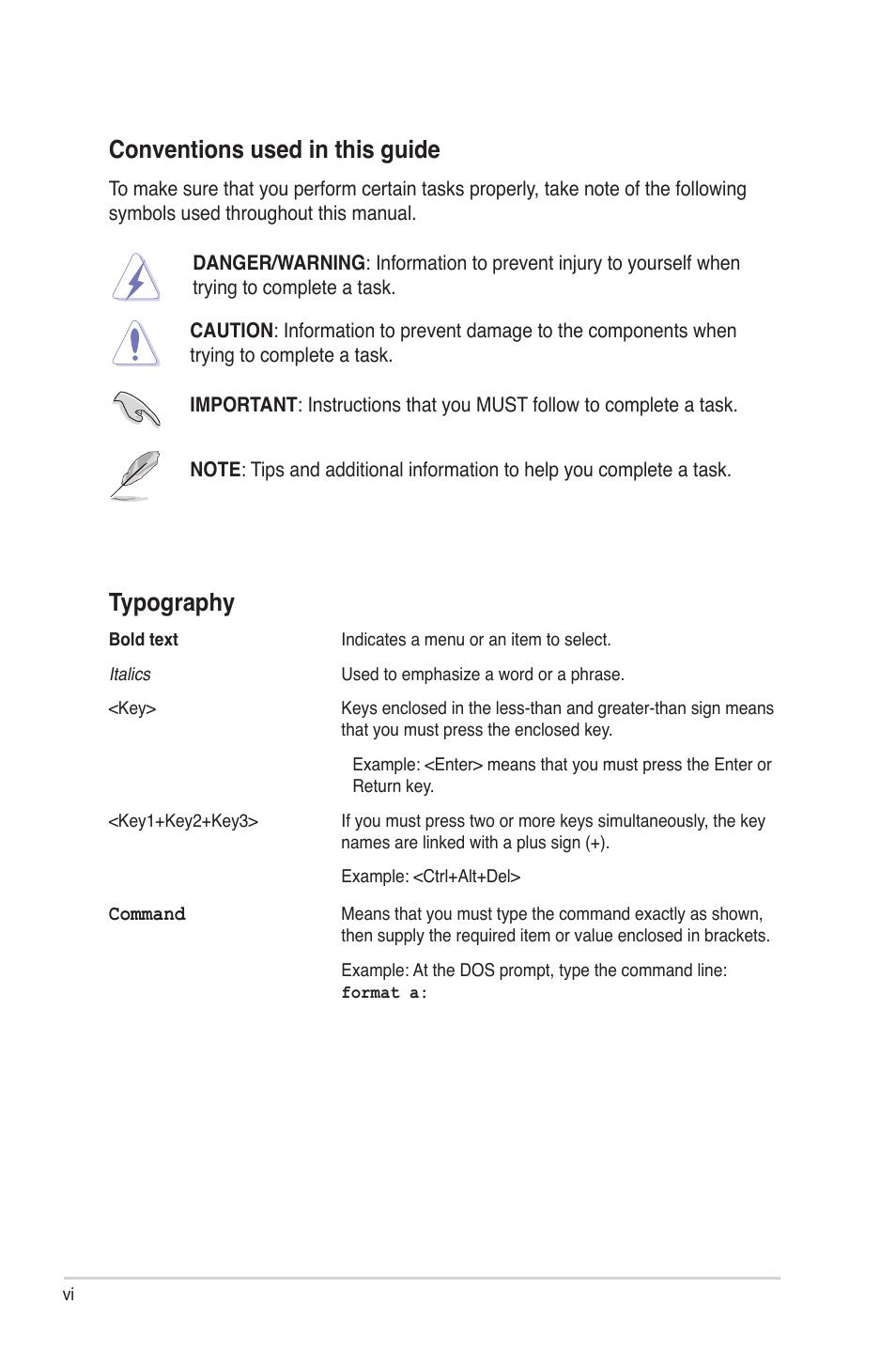 Typography, Conventions used in this guide | Asus PIKE 2208 User Manual | Page 6 / 86