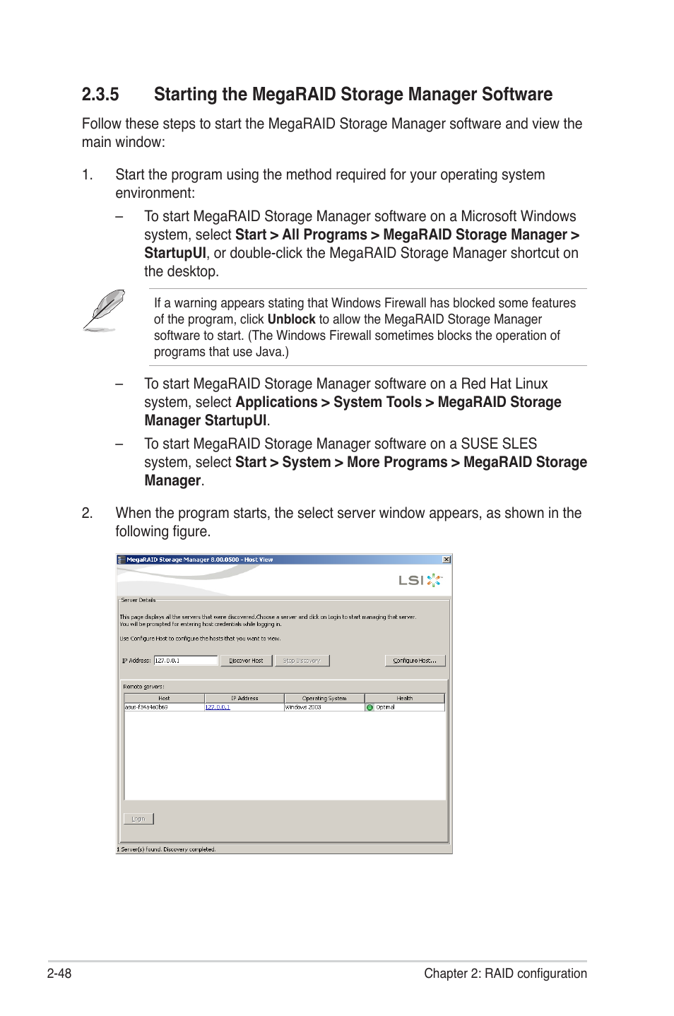 5 starting the megaraid storage manager software, Starting the megaraid storage manager software -48 | Asus PIKE 2208 User Manual | Page 62 / 86